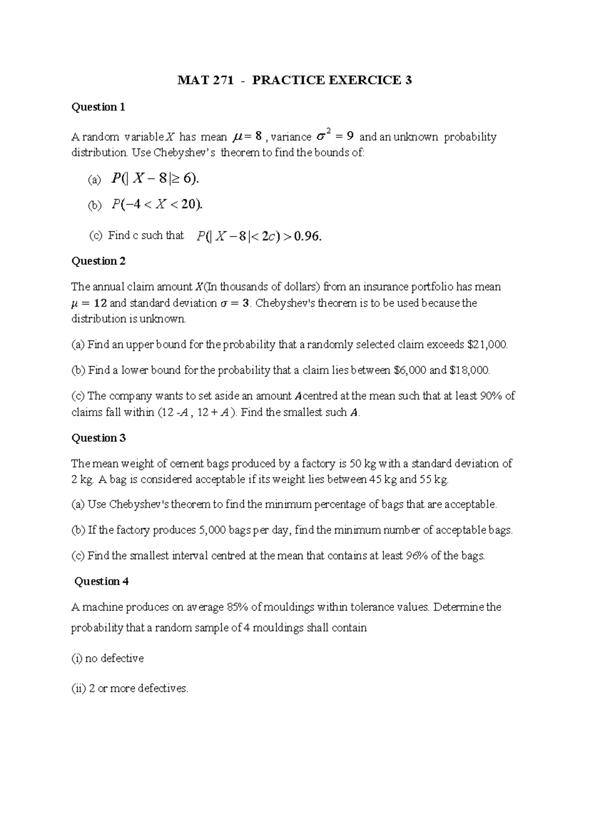 MAT 271 Practice Exercise 3: Probability and Statistics Problems - Studocu