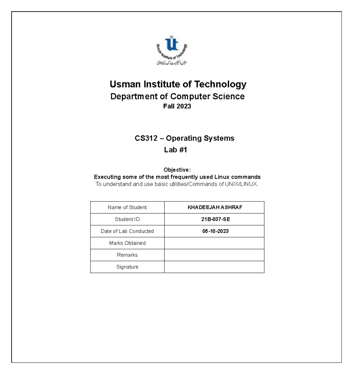 OS LAB 6 - LAB 6 exercise - Usman Institute of Technology Department of ...