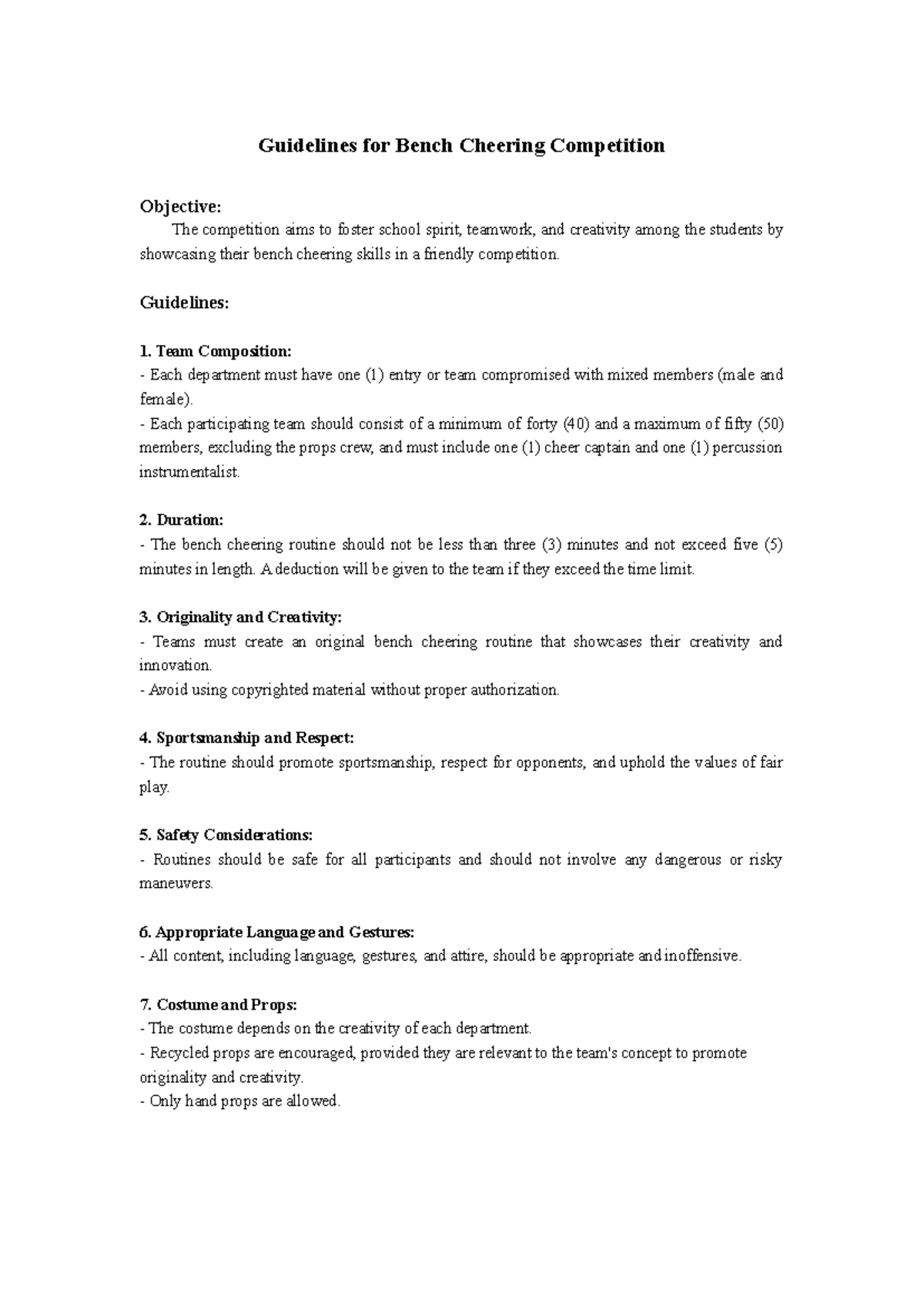 Bench Cheering Competition Guidelines & Rules for Participation - Studocu