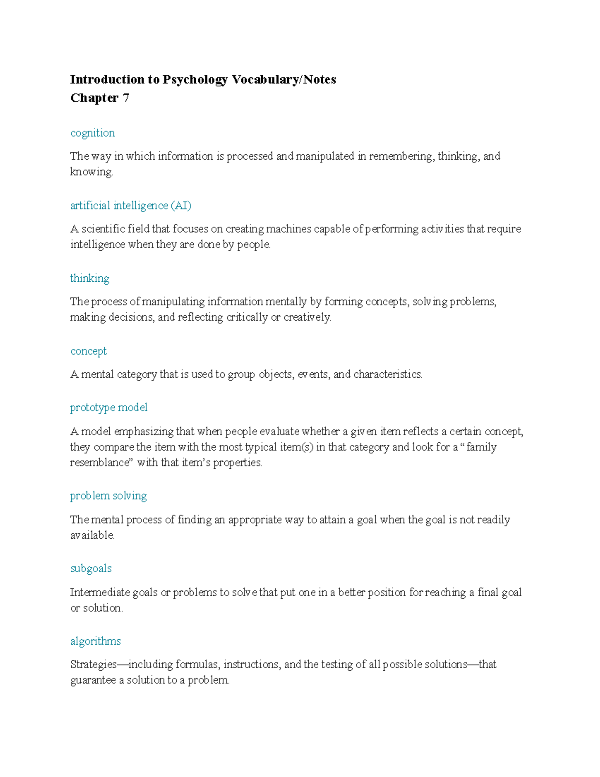 Introduction to Psychology Vocabulary Notes: Chapter 7 Cognition - Studocu