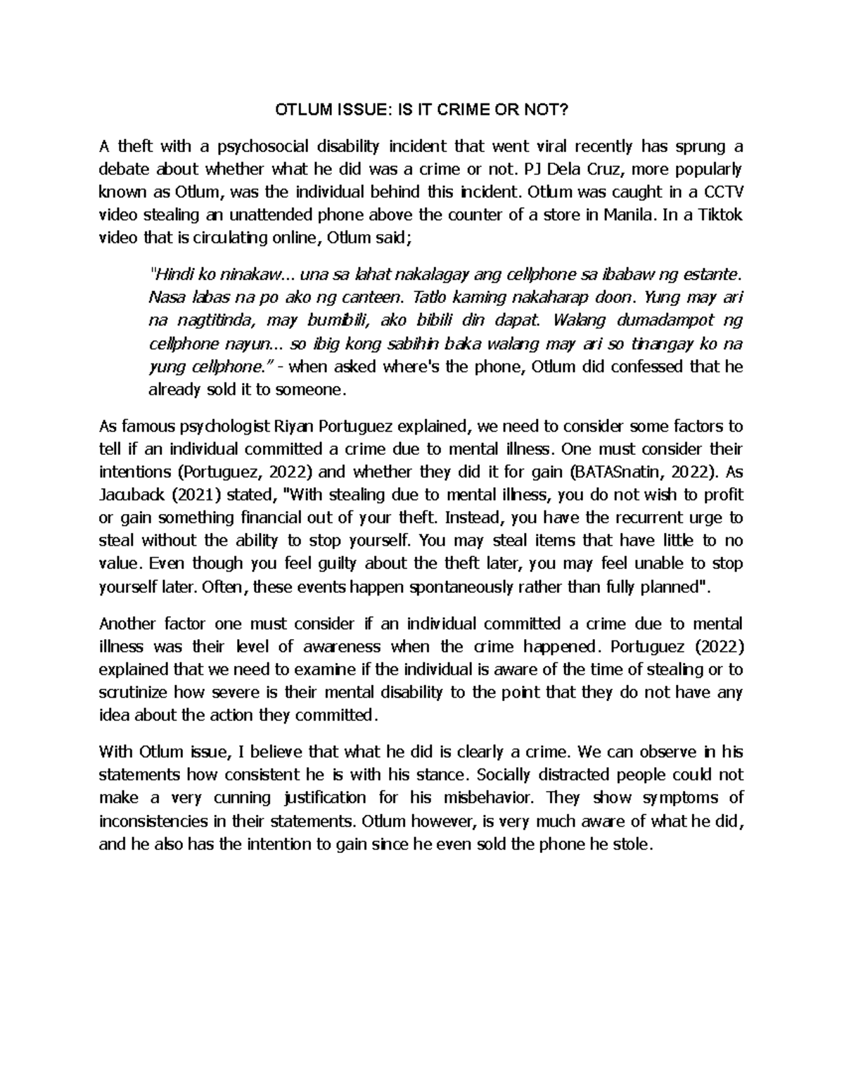 OTLUM Issue: Crime Debate on Psychosocial Disability Theft - Studocu