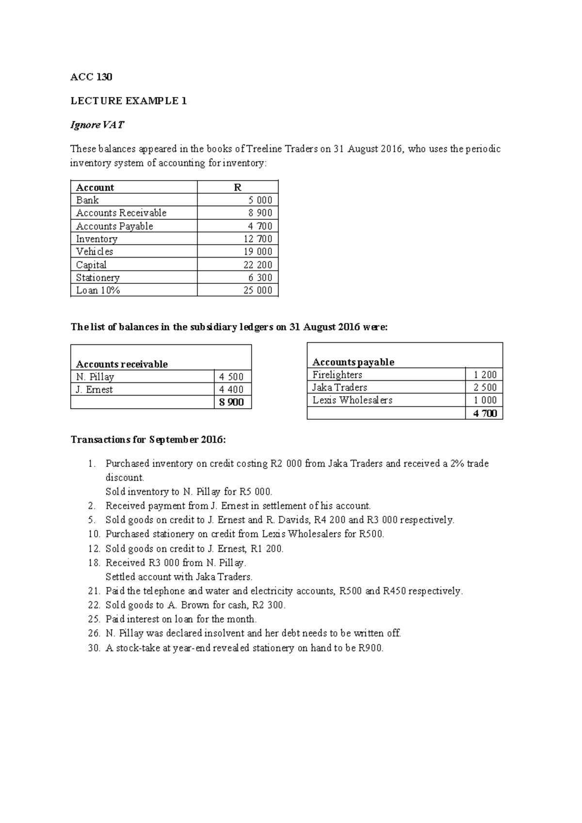 Lecture+example+1 - qqqq - ACC 130 LECTURE EXAMPLE 1 Ignore VAT These ...