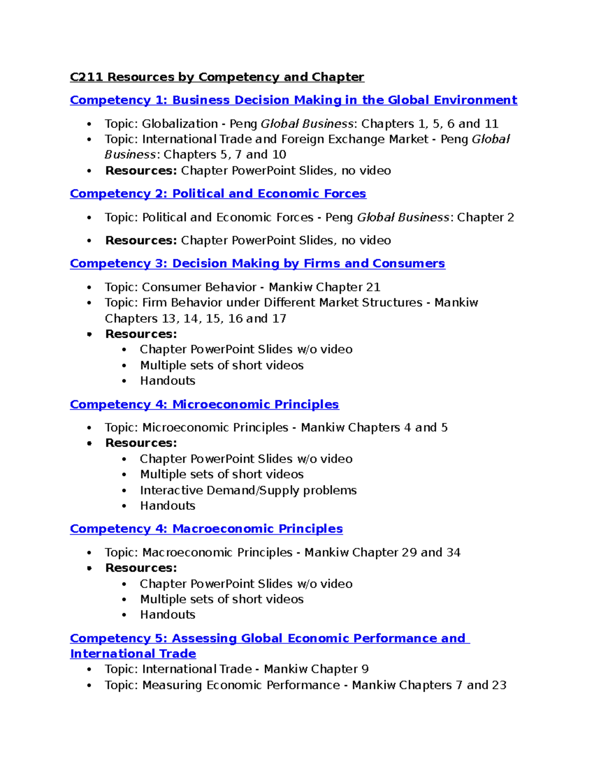 C211 Additional Resources for Competencies in Global Business - Studocu