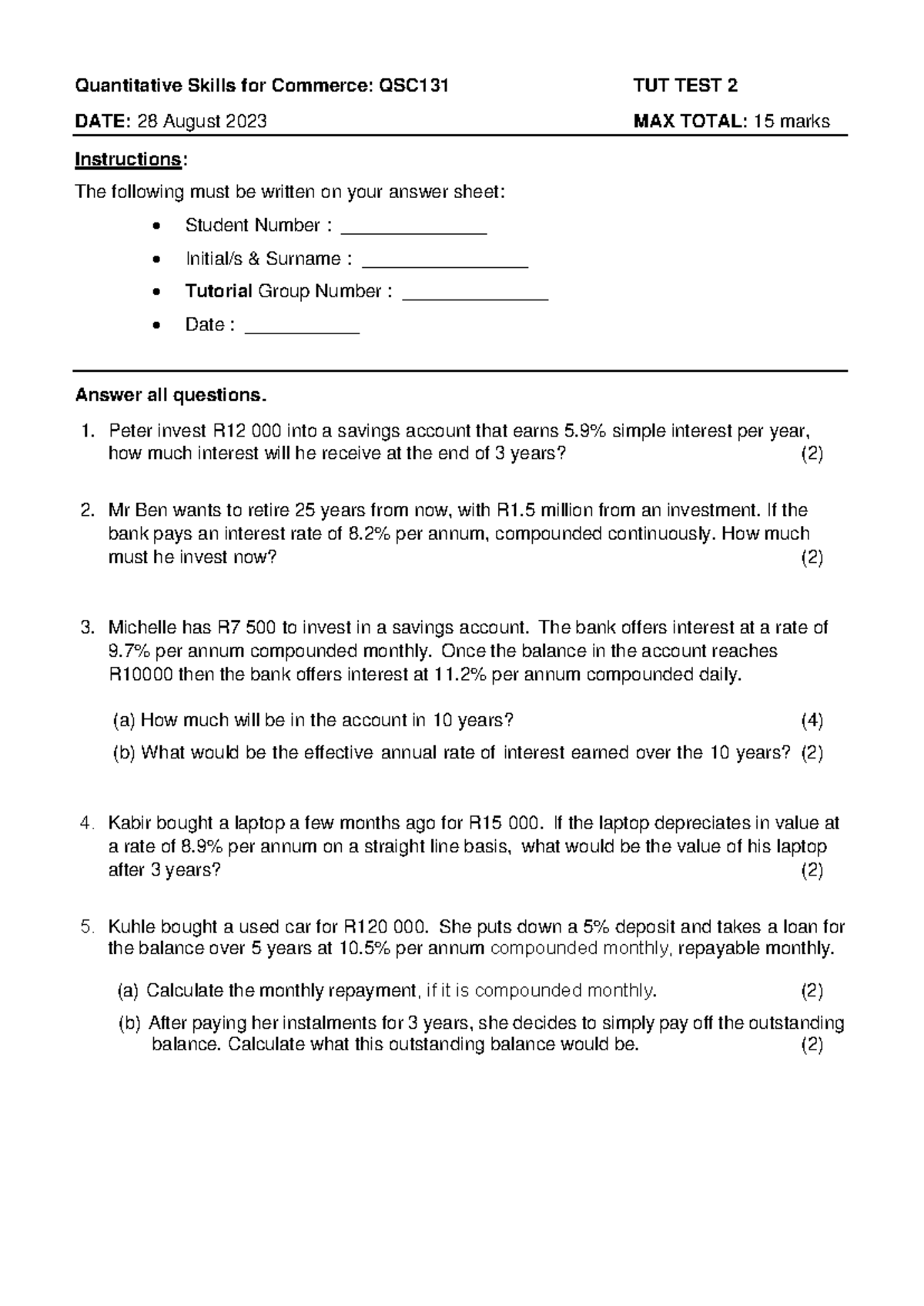 QSC131 Quantitative Skills for Commerce: Tut Test 2 Memo - Studocu