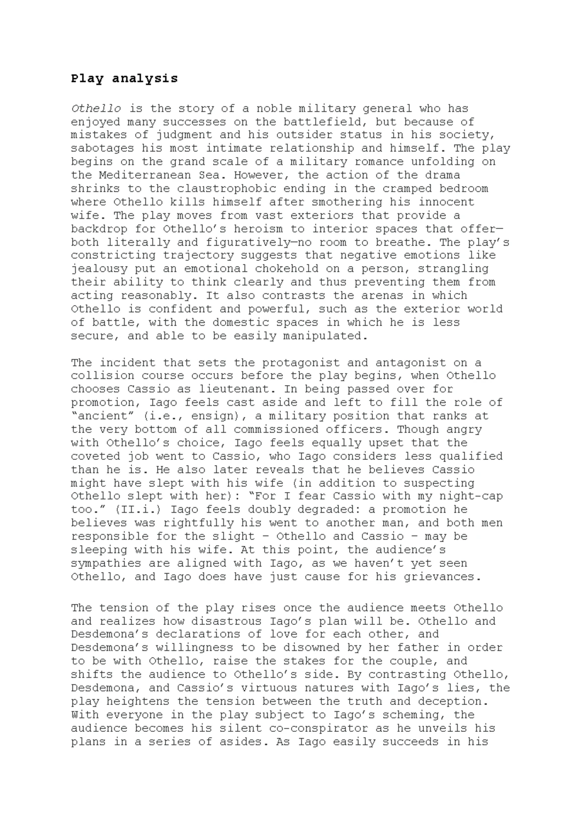 Othello (ENG 101) play summary and analysis of key events - Studocu