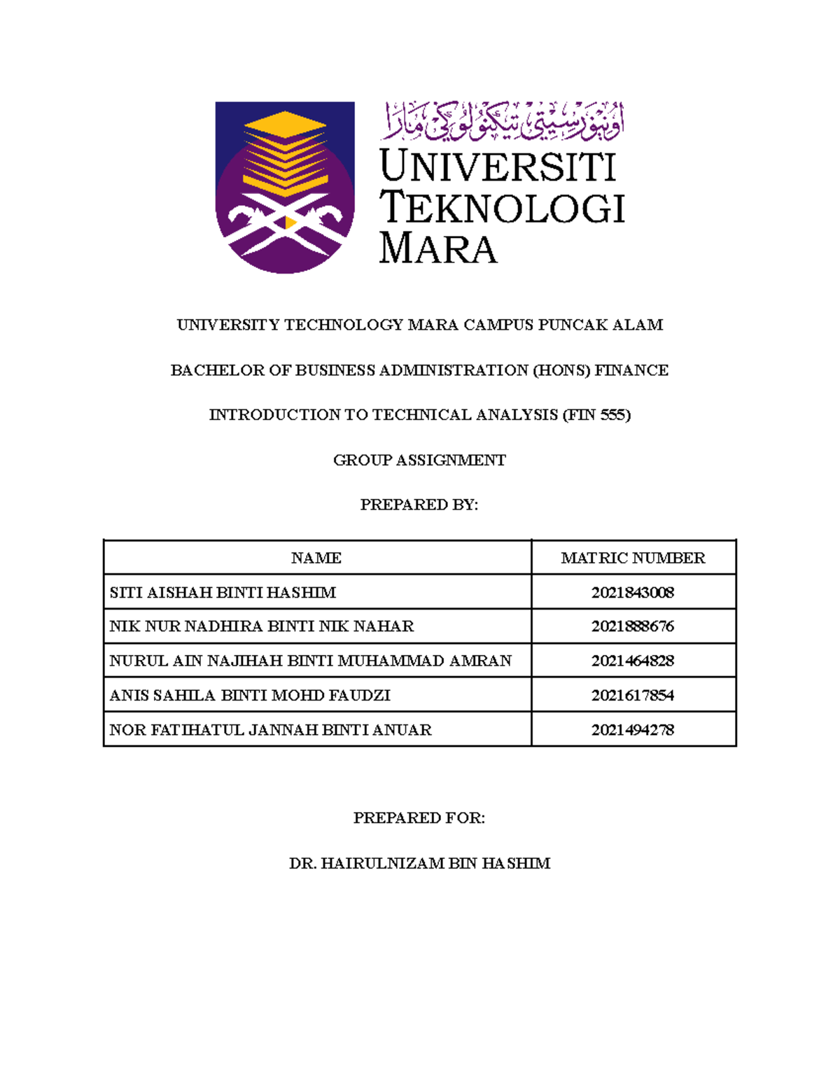 Group Assignment on Technical Analysis for FIN555 - Studocu