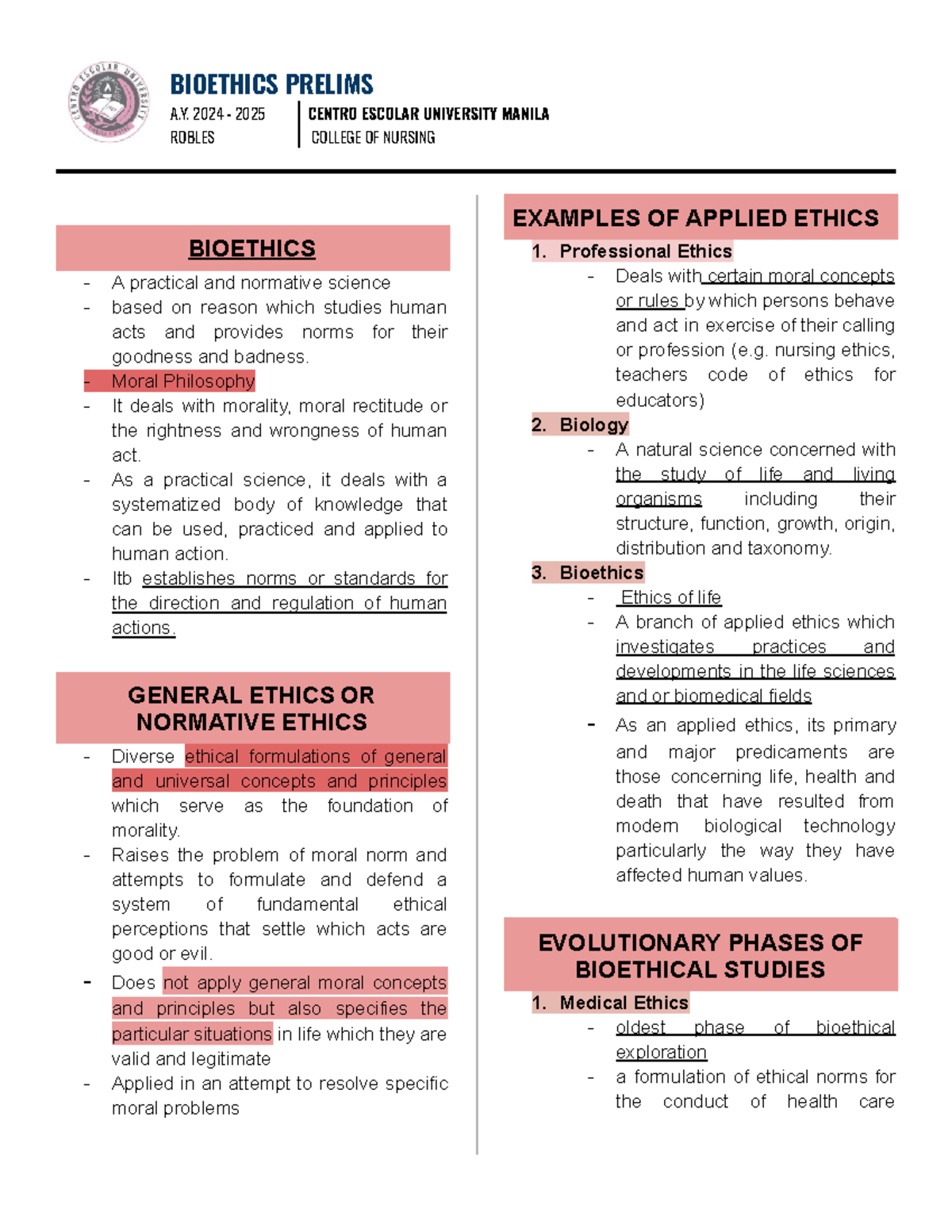 Bioethics-Midterms-2 - A. 2024 - 2025 CENTRO ESCOLAR UNIVERSITY MANILA ...