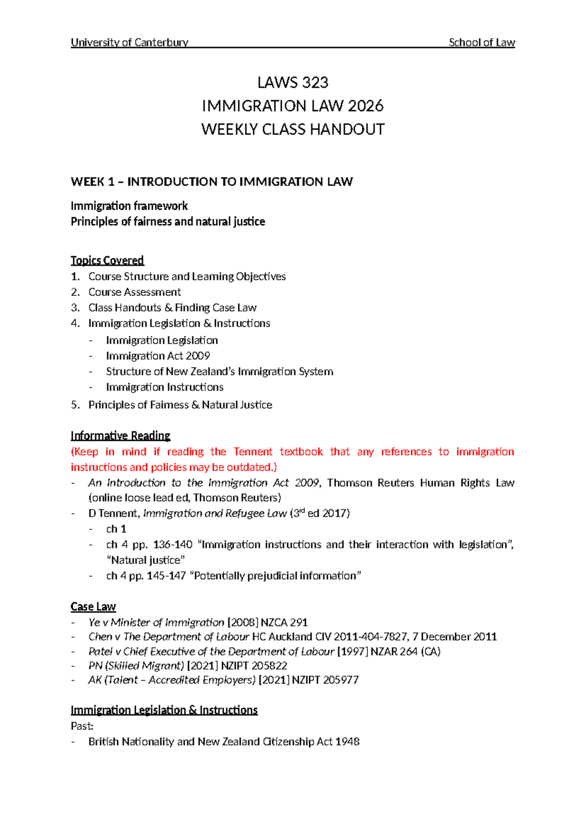 LAWS 323 Immigration Law 2026 Week 1 Class Handout: Introduction - Studocu