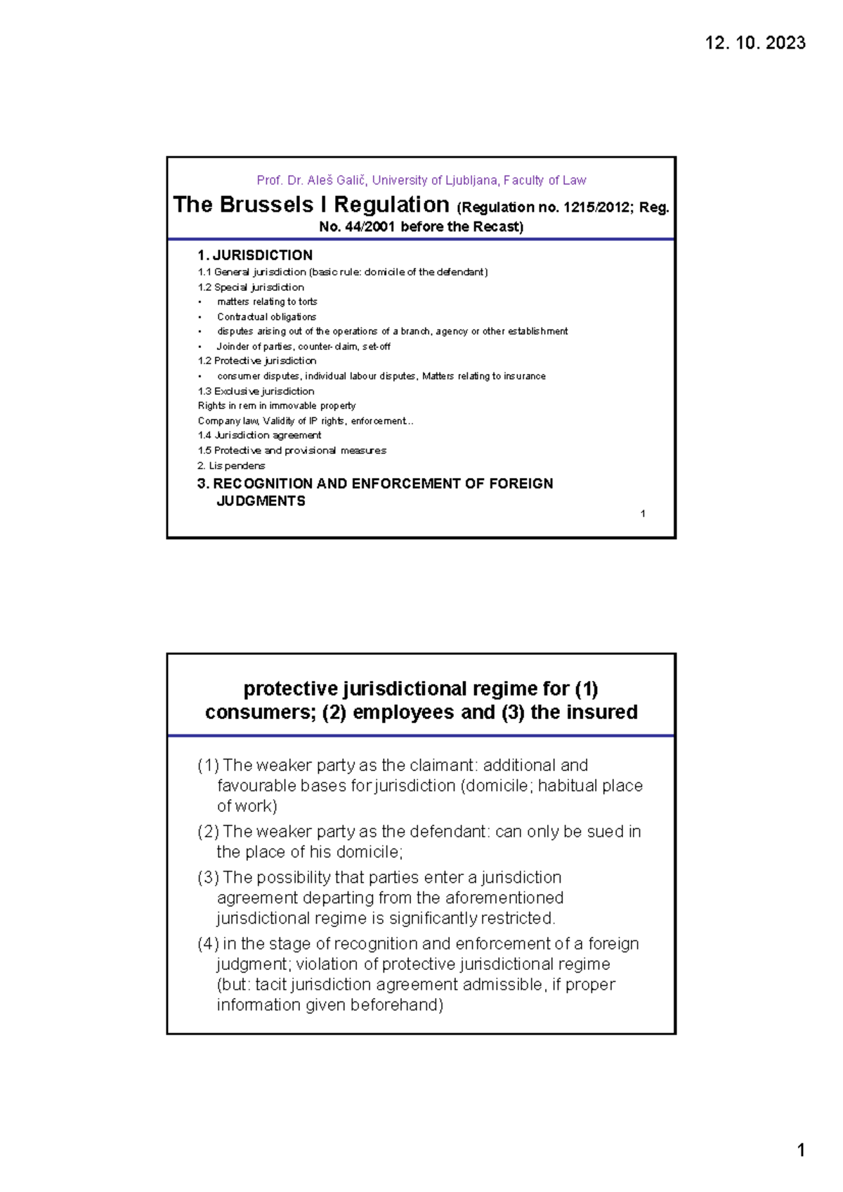 Brussels I Regulation: Jurisdiction & Enforcement - Lecture Notes (LAW ...