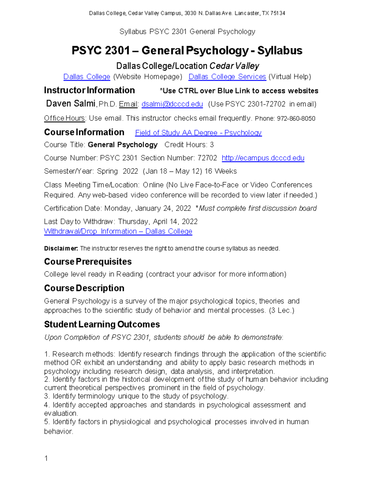 PSYC 2301 72702 Syllabus: General Psychology Spring 2022 Overview - Studocu
