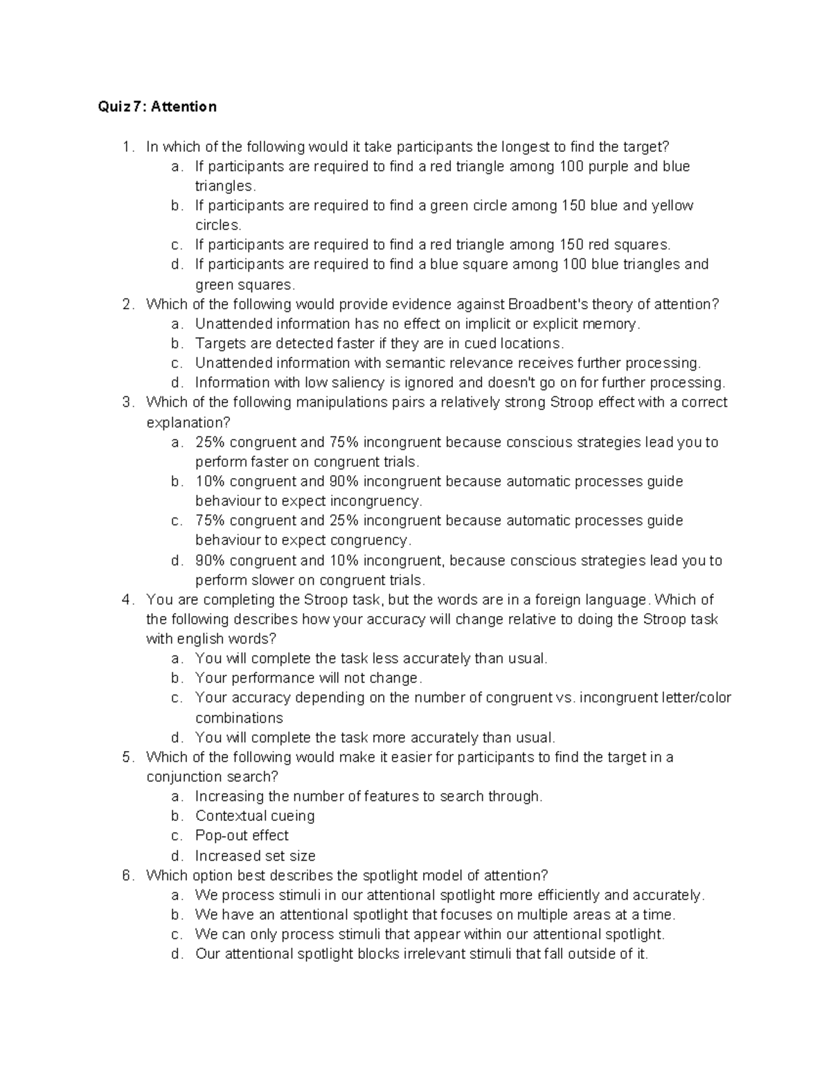 Quiz 7 Attention - Comprehensive Practice Questions with Answers - Studocu