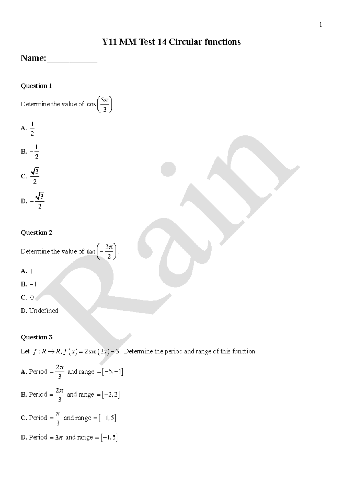 Y11 MM Test 14 - Circular Functions Questions and Solutions - Studocu