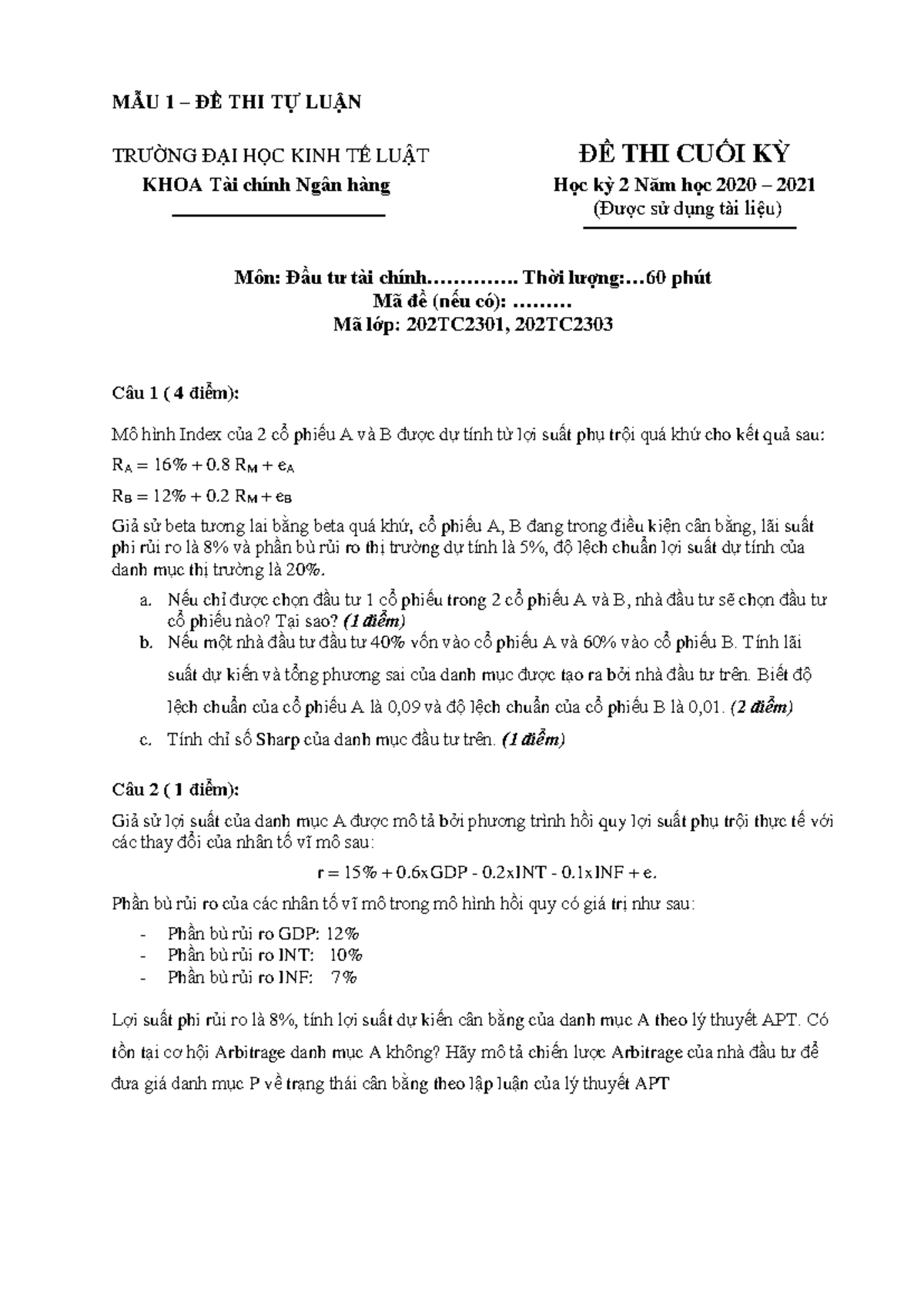 Đề Thi Cuối Kỳ Môn Đầu Tư Tài 202TC2301, 202TC2303 Học Kỳ 2 2020-2021 - Document Preview
