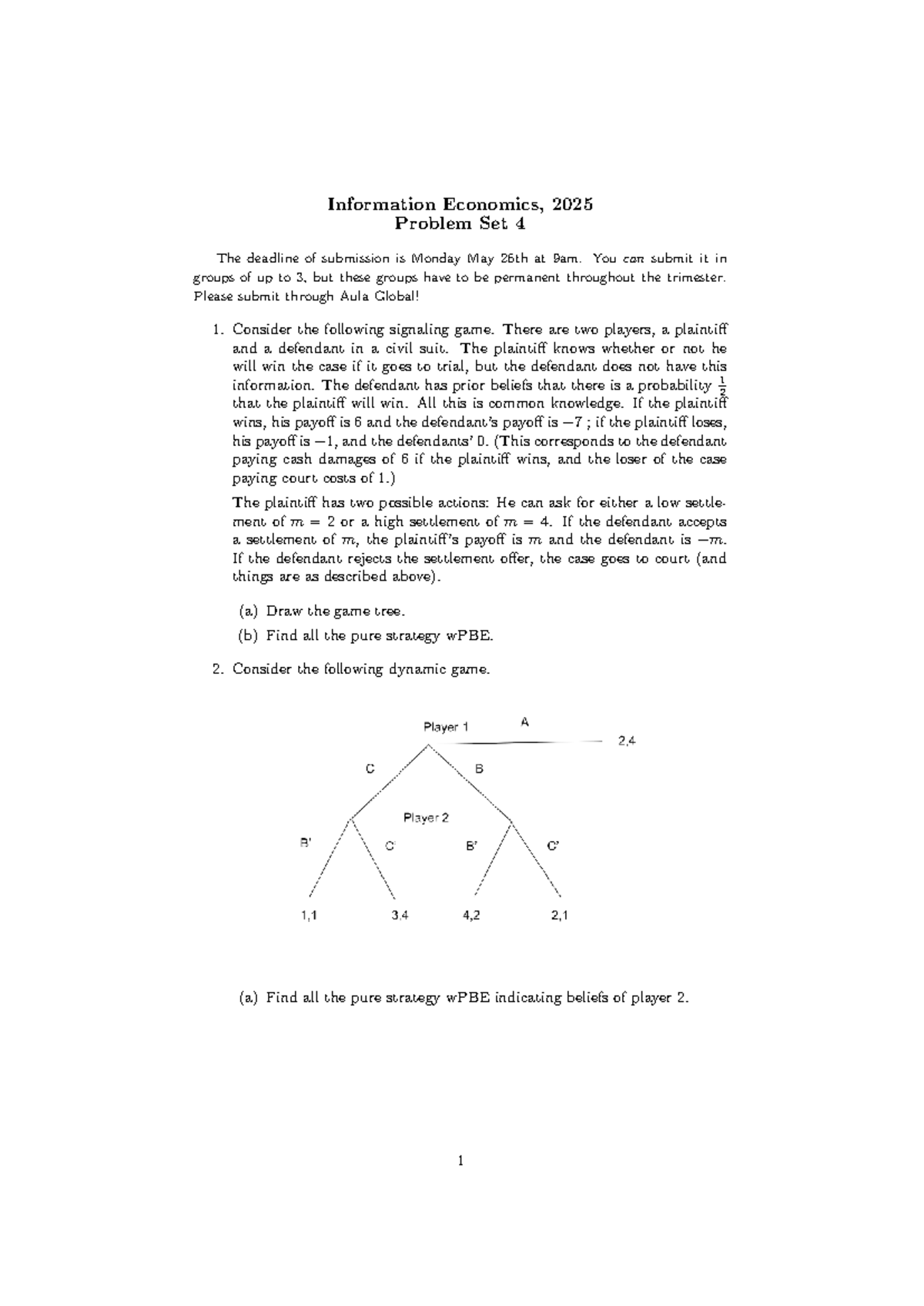 Information Economics (ECON 2025) Problem Set 4 Solutions - Studocu