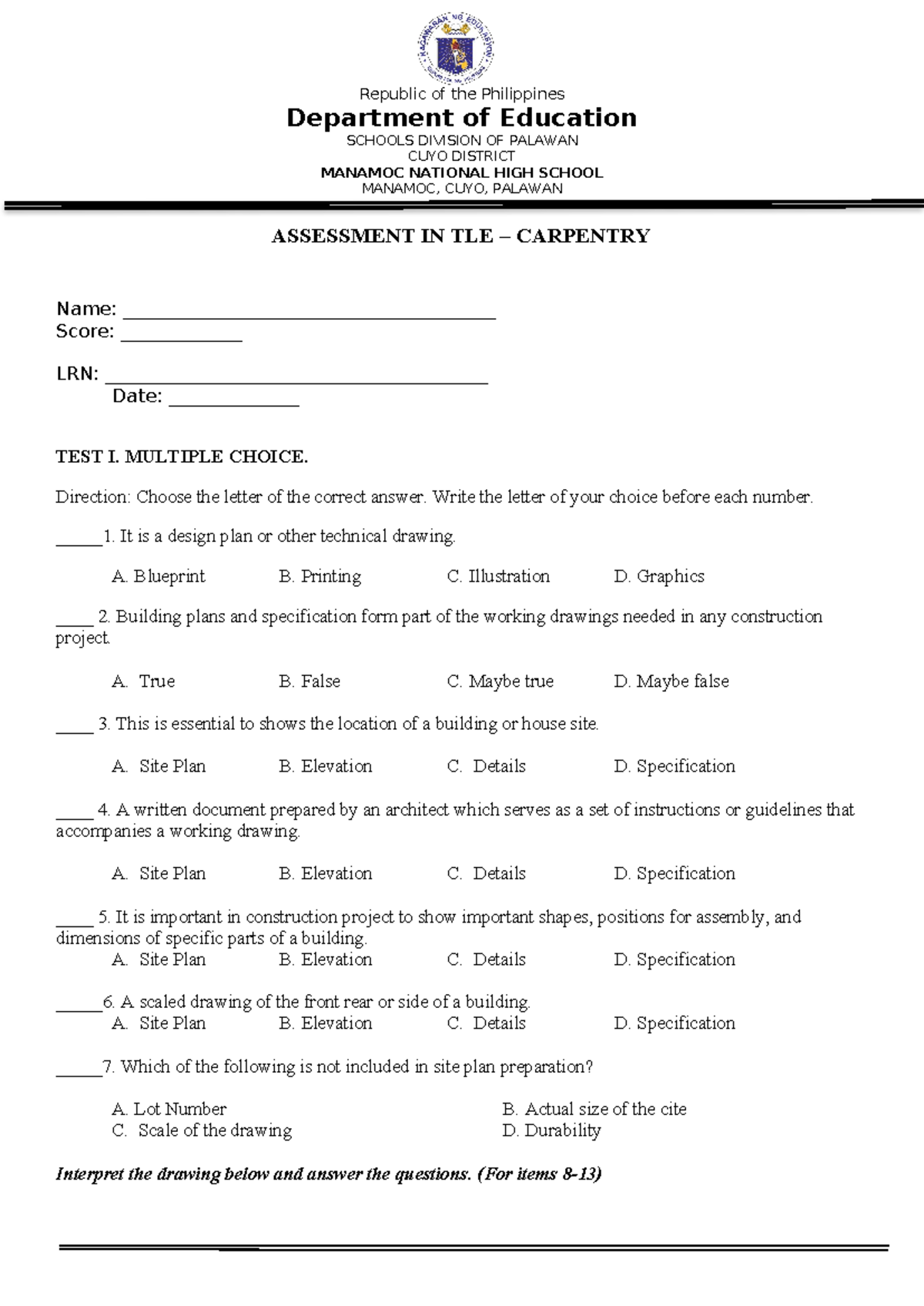 TLE 10 - 2nd Exam: Diagnostic Assessment in Carpentry - Studocu