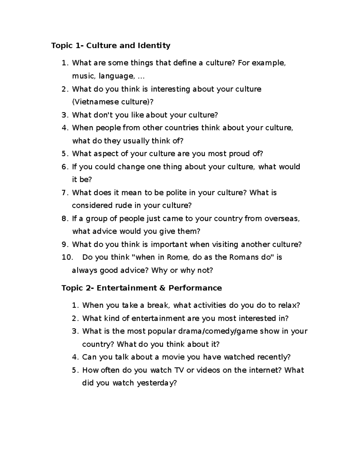 Speaking Topics: Culture, Entertainment, Water, Jobs - TANC4 - Studocu