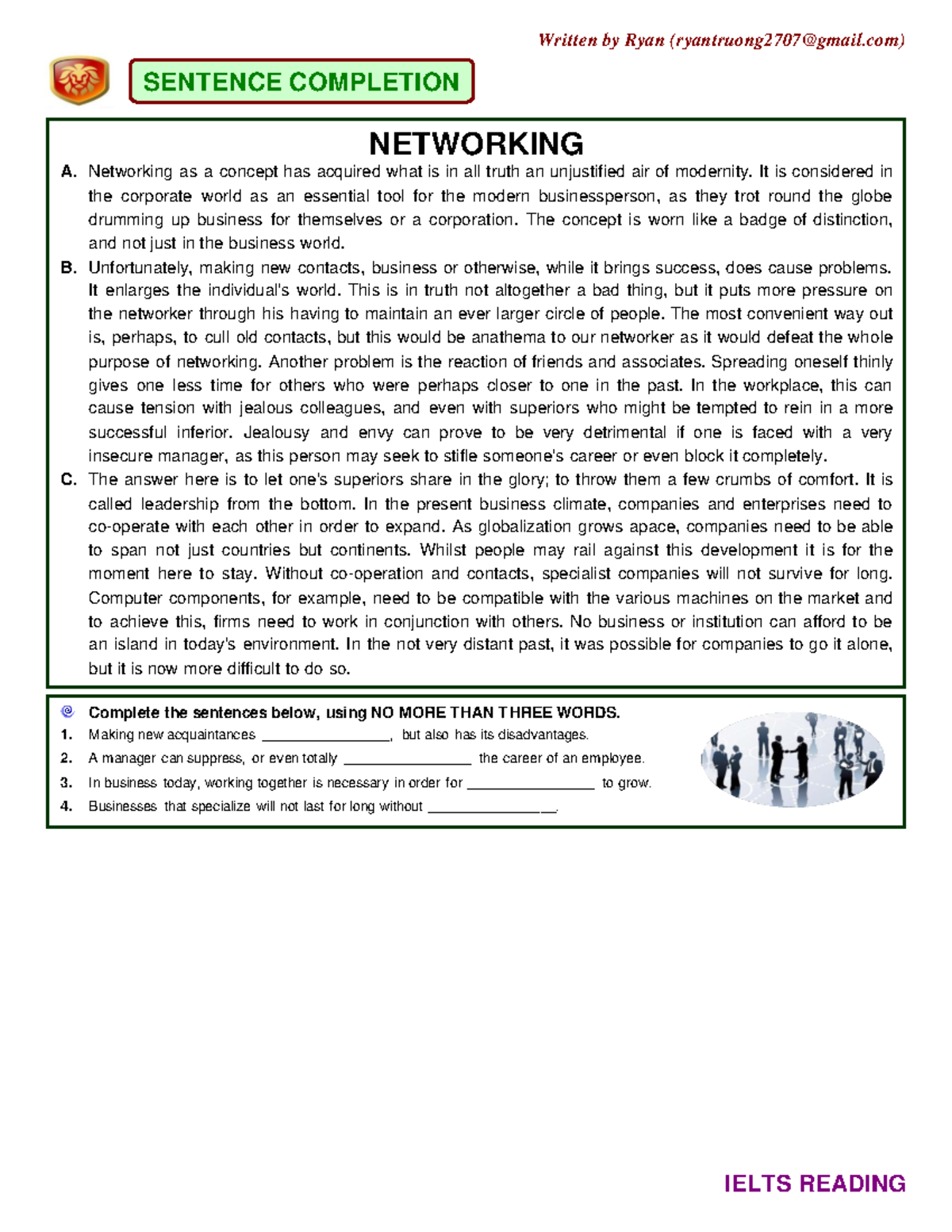 IELTS READING Practice 2: Networking and Sentence Completion Tips - Studocu