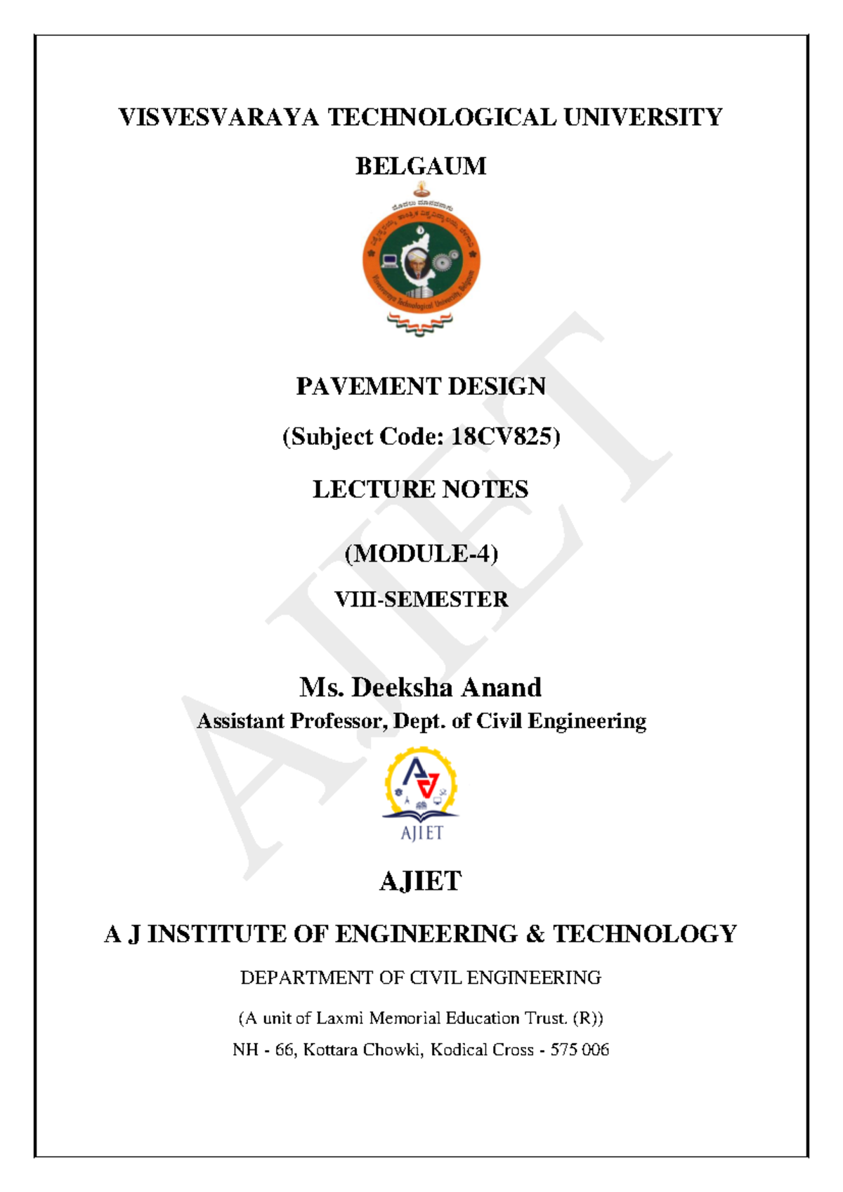 Pavement Design Lecture Notes (18CV825) - Module 4 Overview - Studocu
