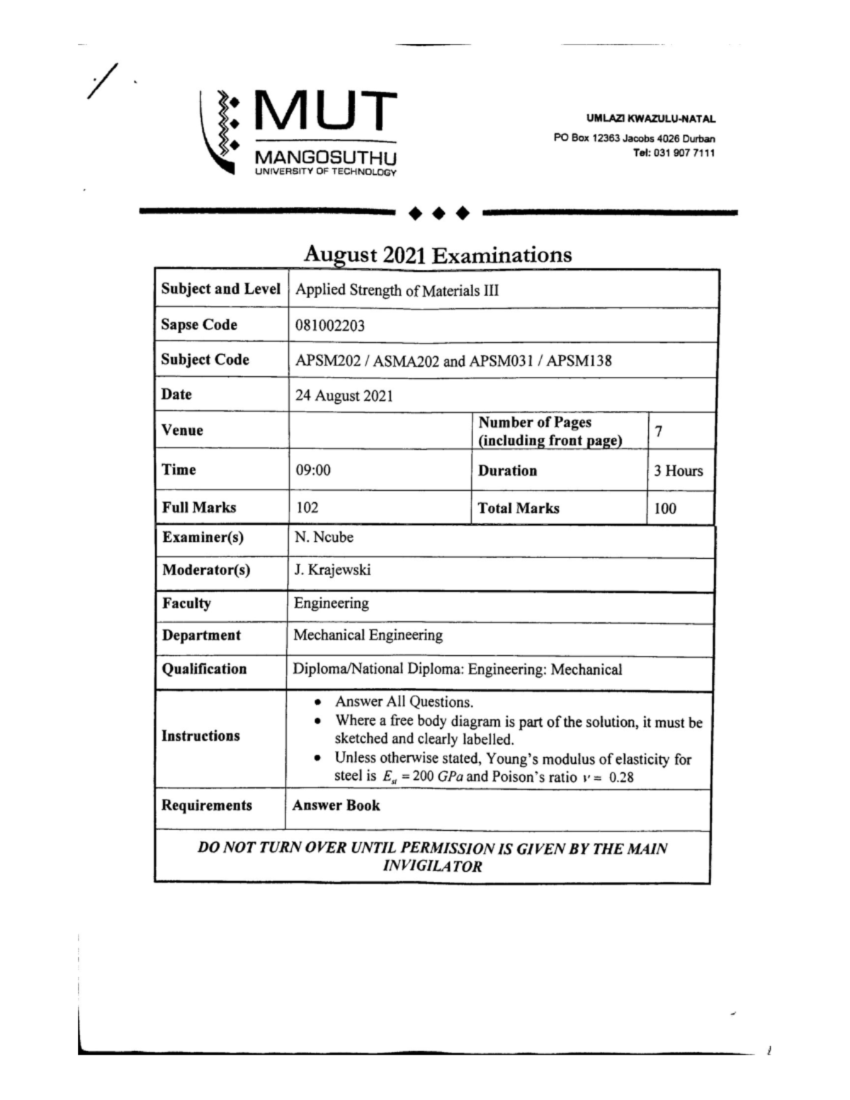 Applied Strength of Materials - Main Exam Q4 & Q5 Review 2021 - Studocu