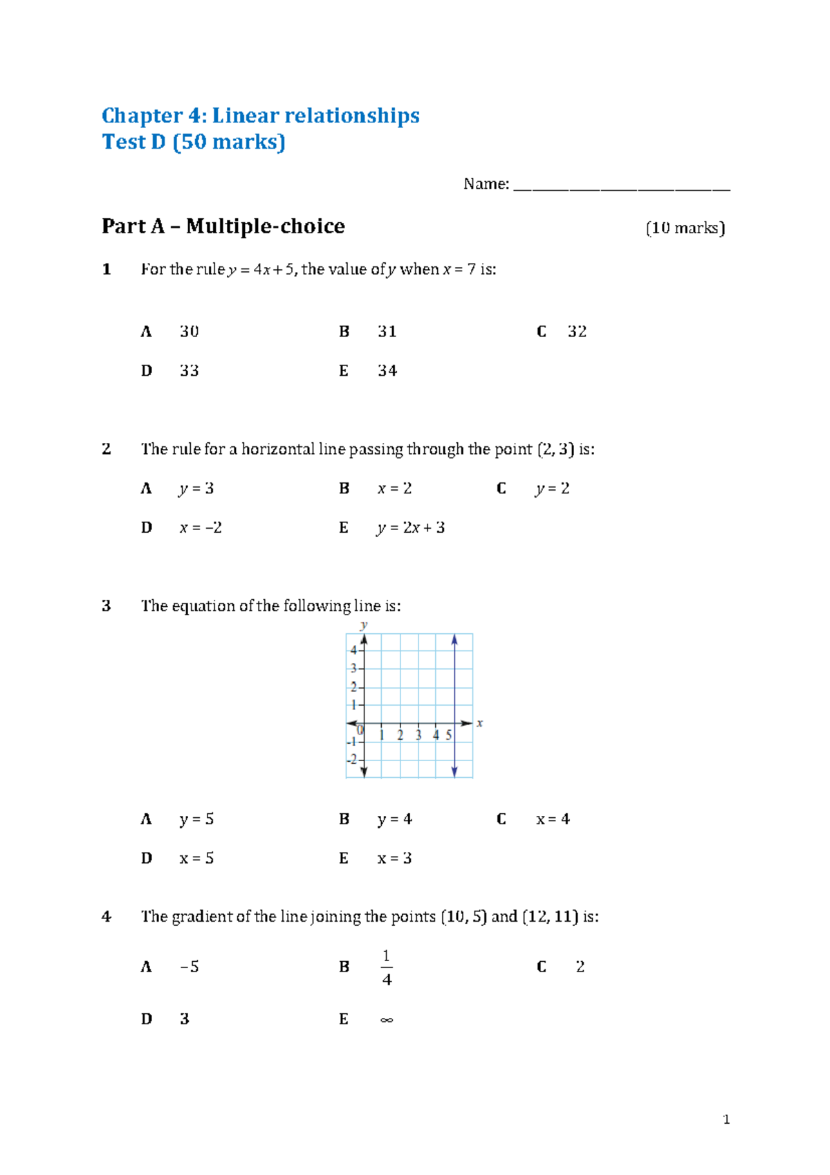 Linear Relationships Practice Test - Chapter 4 (50 Marks) - Studocu
