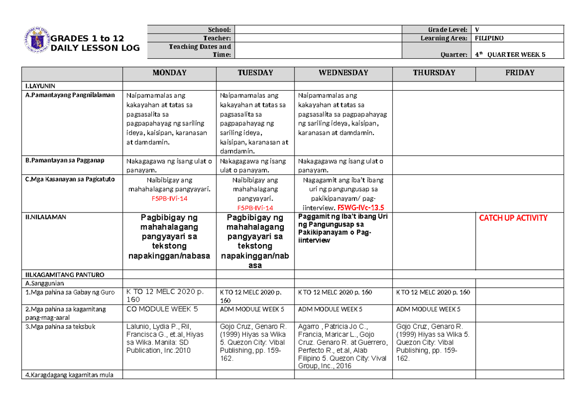 DLL Filipino 5 Q4 W5: Daily Lesson Log for Week 5 Activities - Studocu