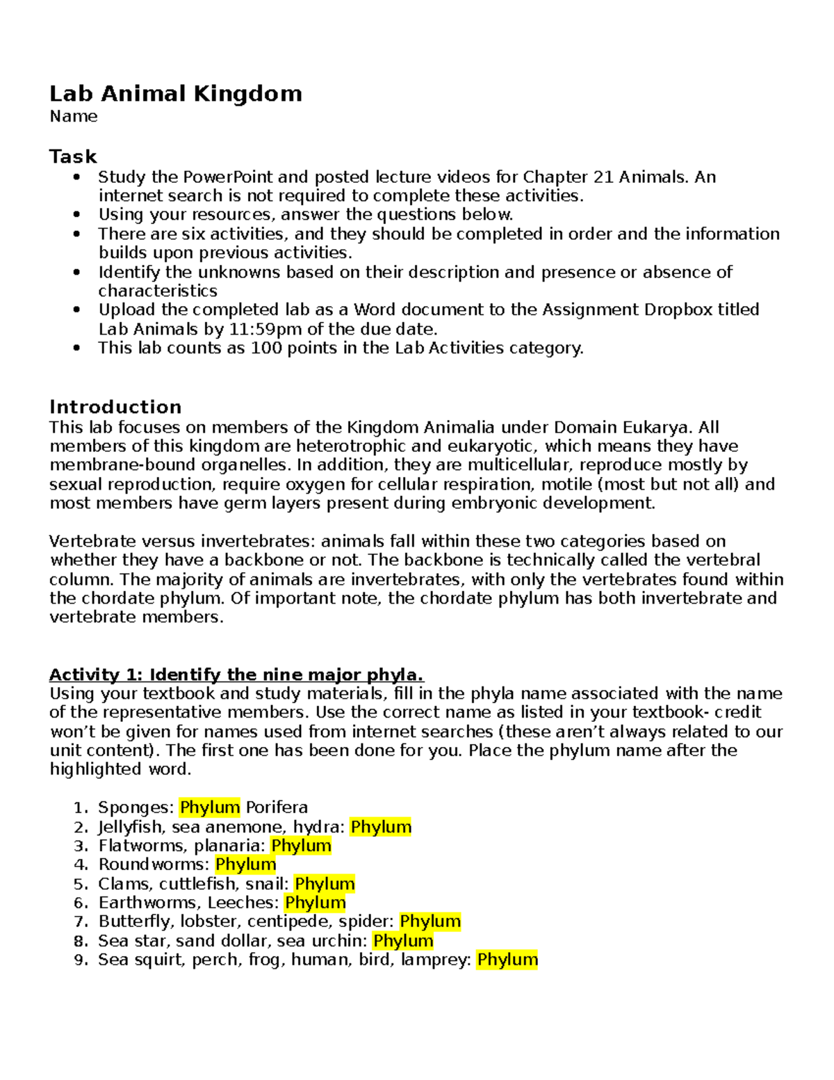 Lab Animals - Kingdom Animalia Study - Chapter 21 Activities - Studocu