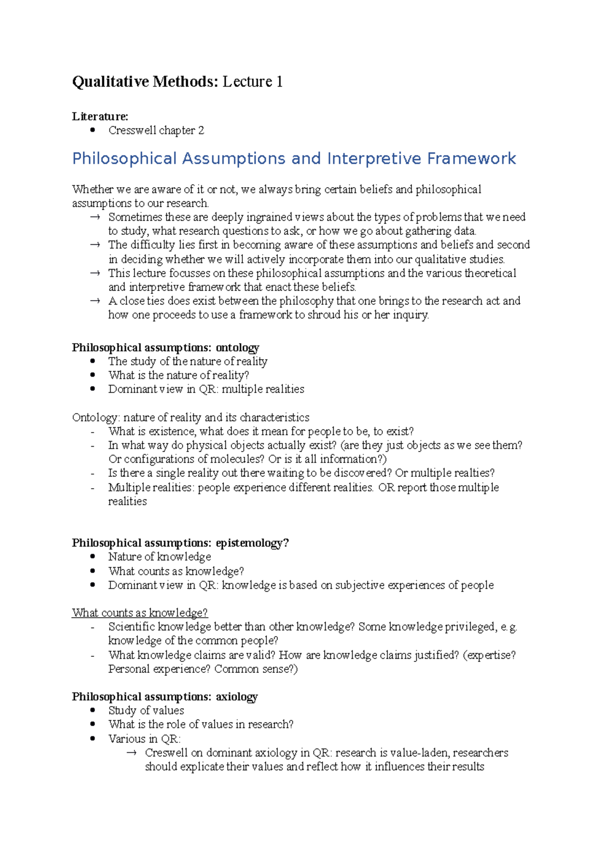 Qualitative Methods Lecture 1: Philosophical Assumptions Overview ...