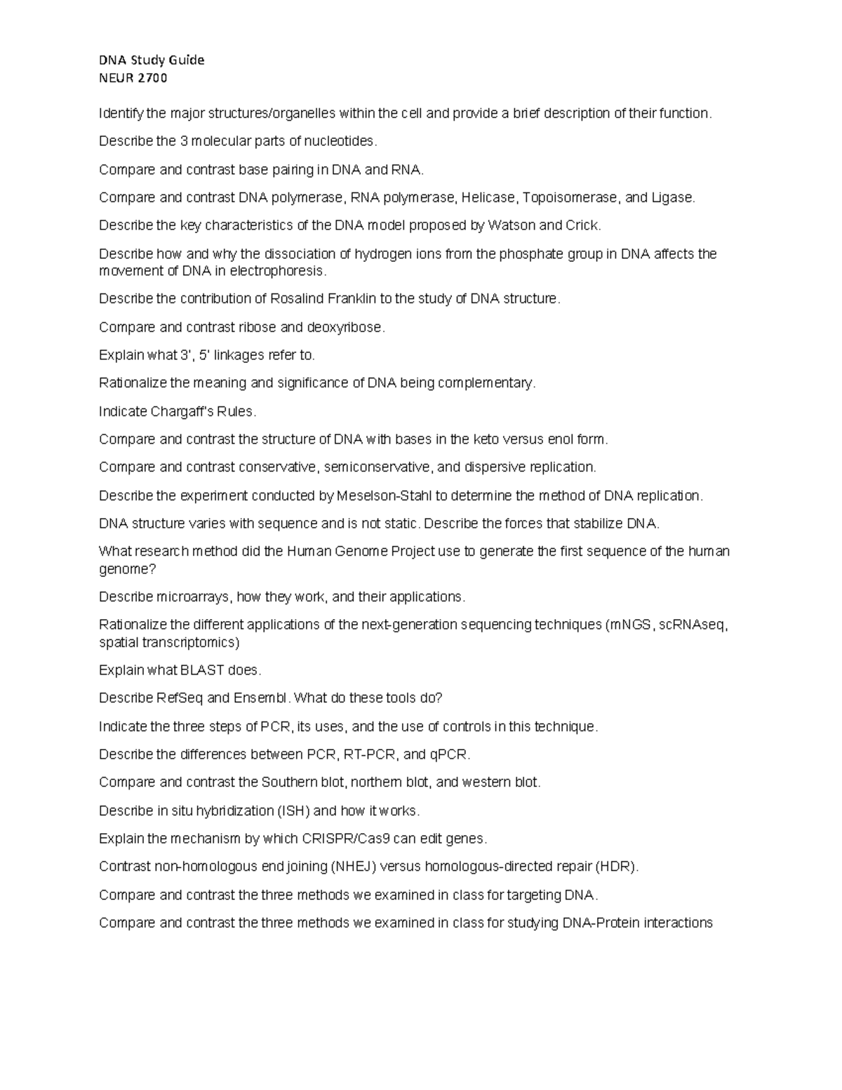 DNA Study Guide NEUR 2700: Key Concepts and Comparisons - Studocu