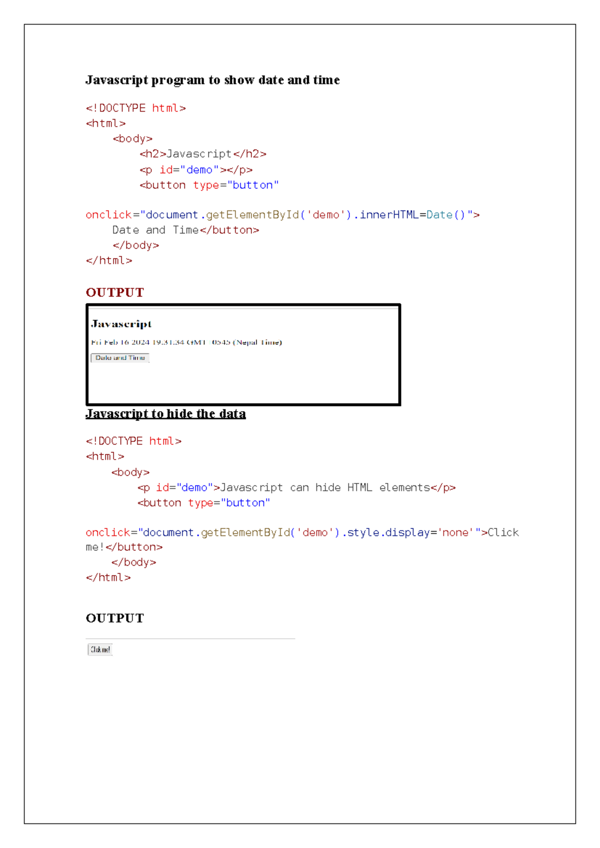 Java - Java important basic codes - Javascript program to show date and ...