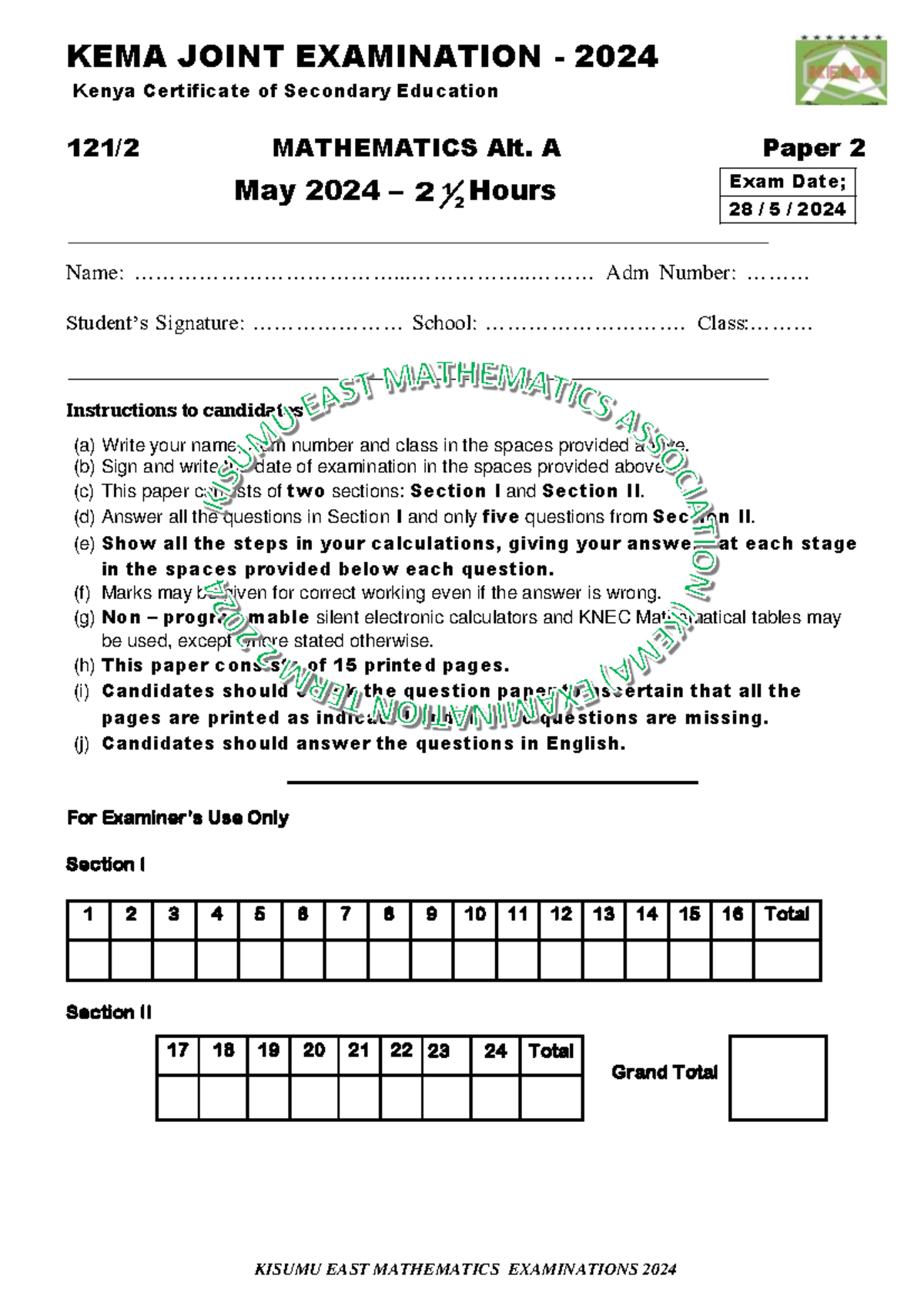KEMA 121/2 Mathematics Exam Paper 2 - Revision for 2024 Term 2 - Studocu