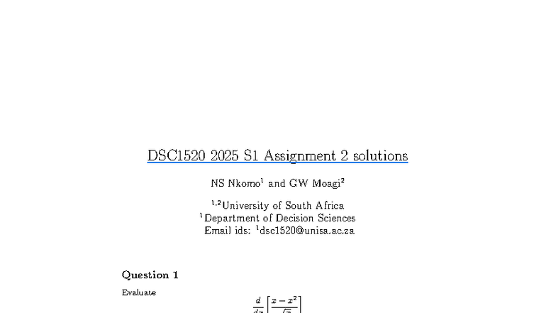 Assignments 2 - ASSIGNMENT 2 WITH SOLUTIONS - DSC1520 2025 S1 ...