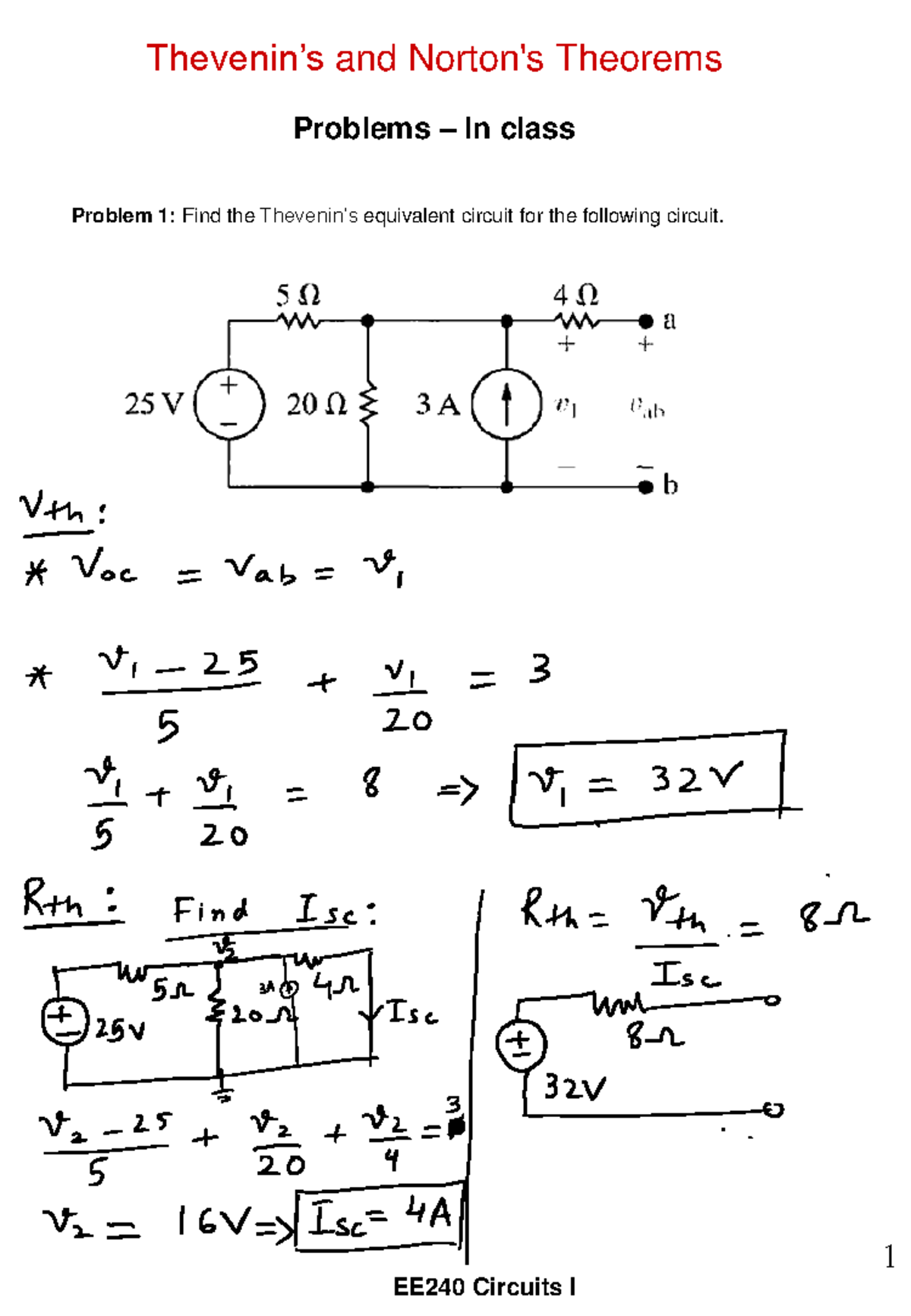 EE240 Circuits I: Thevenin Problems & Solutions - Studocu