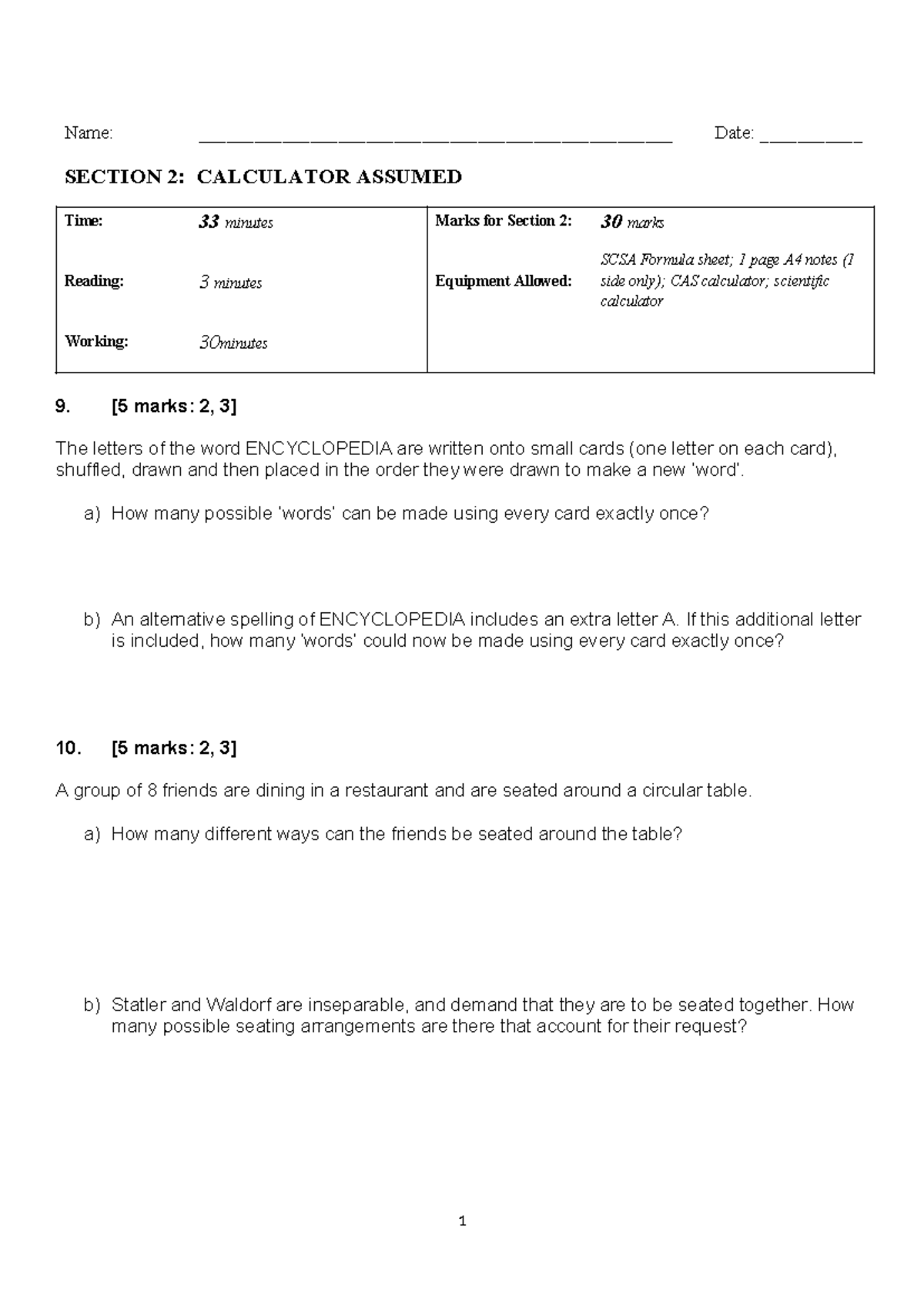 2020 Year 11 Mathematics Specialist Test 1 - Combinatorics Exam - Document Preview
