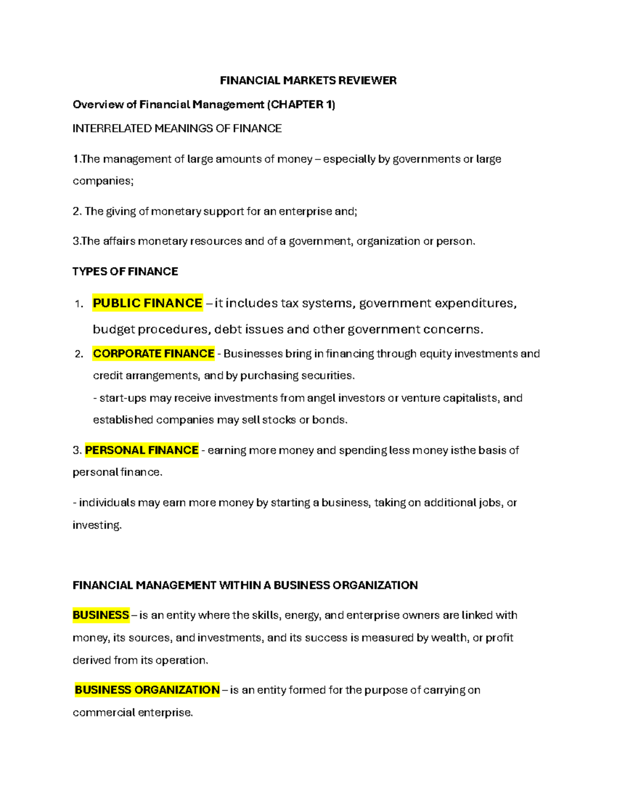 FIN 101: Financial Markets Comprehensive Reviewer and Overview - Studocu