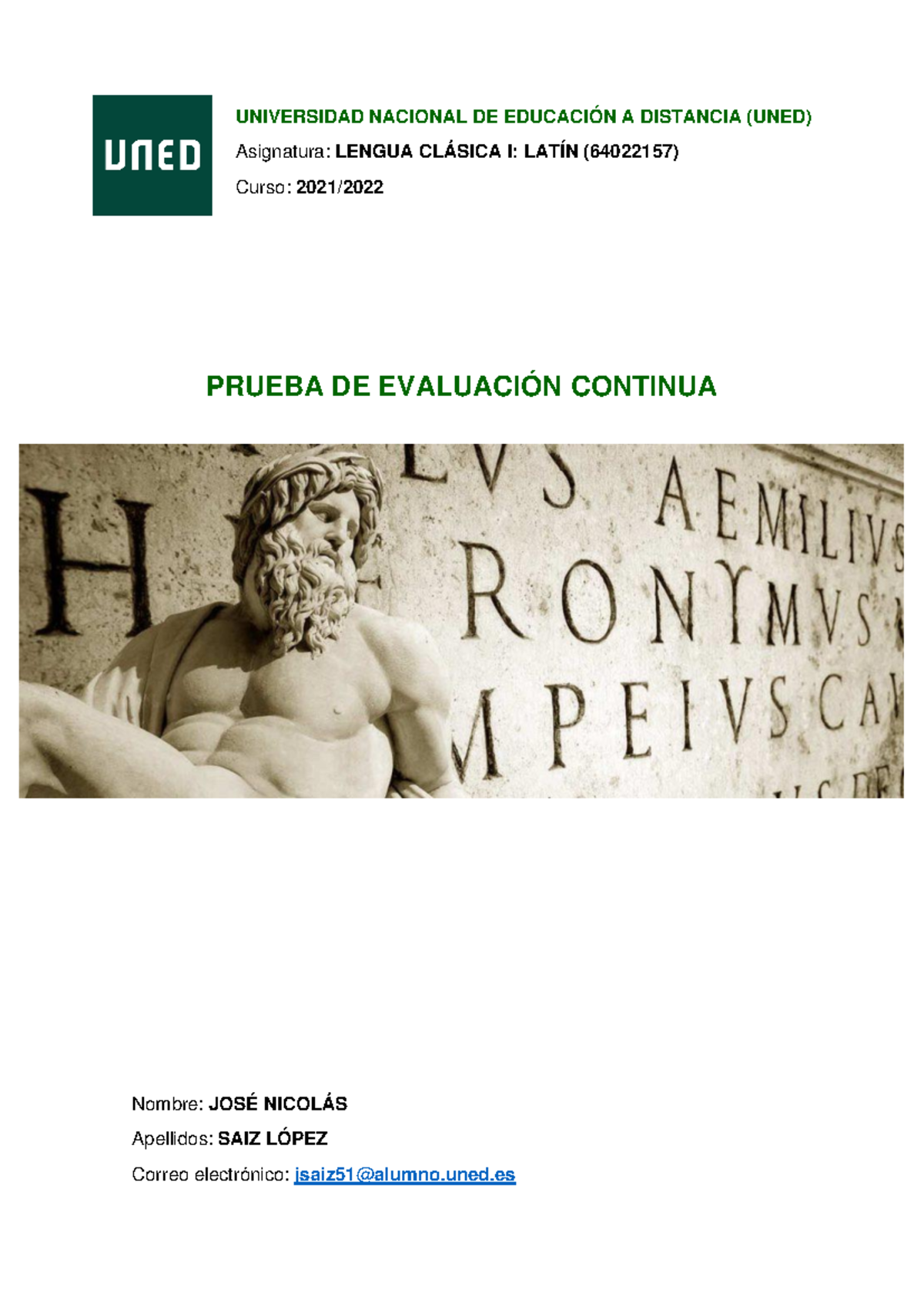 Prueba de Evaluación Continua (PEC). Curso 2021-2022. - Lengua Clásica ...
