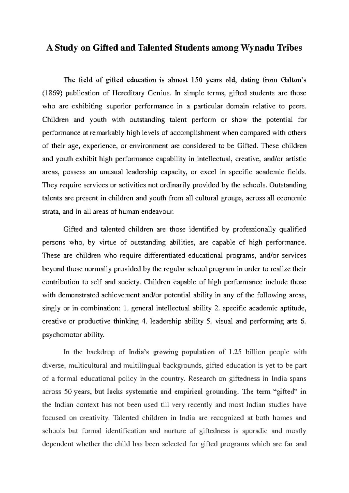 A Study on Gifted and Talented Students in Wynadu Tribes: Insights and ...