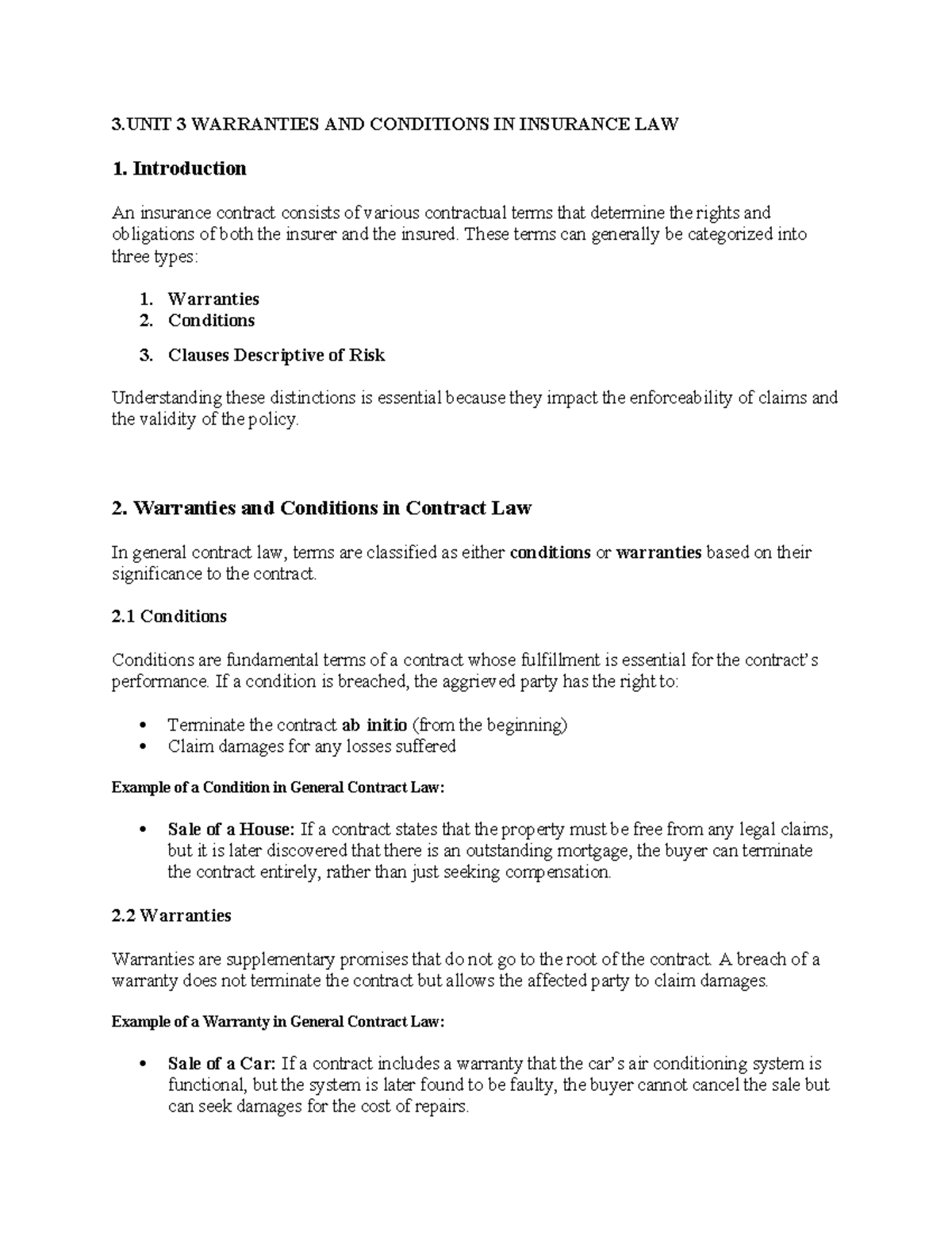 3.UNIT 3 Warranties & Conditions in Insurance Law: Key Insights - Studocu