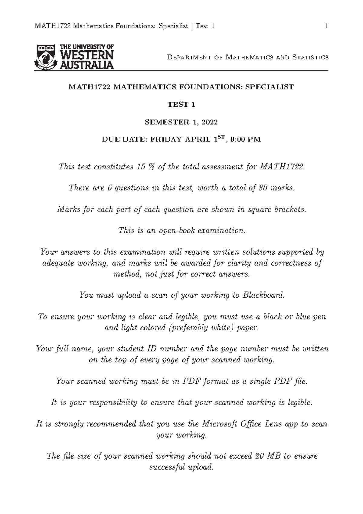 MATH1722 Test 1 - Math Specialist 2022 - Maths Test 1. Six Questions ...