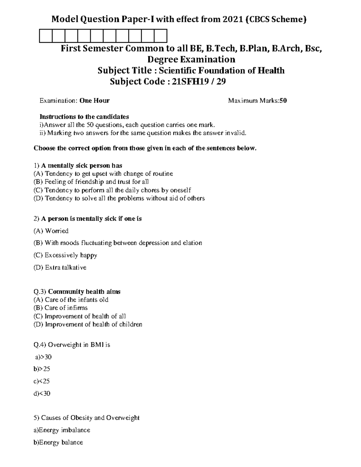 21SFH29 - Model Question Paper-I for Scientific Foundation of Health ...