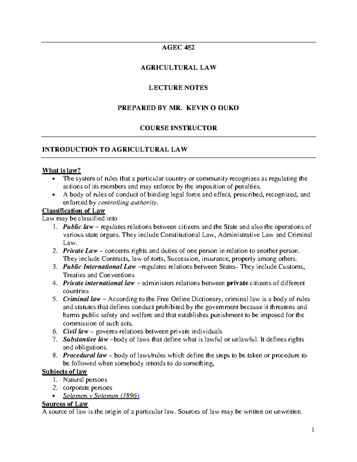 AGEC 452 Agricultural Law Lecture Notes: Introduction and Overview ...