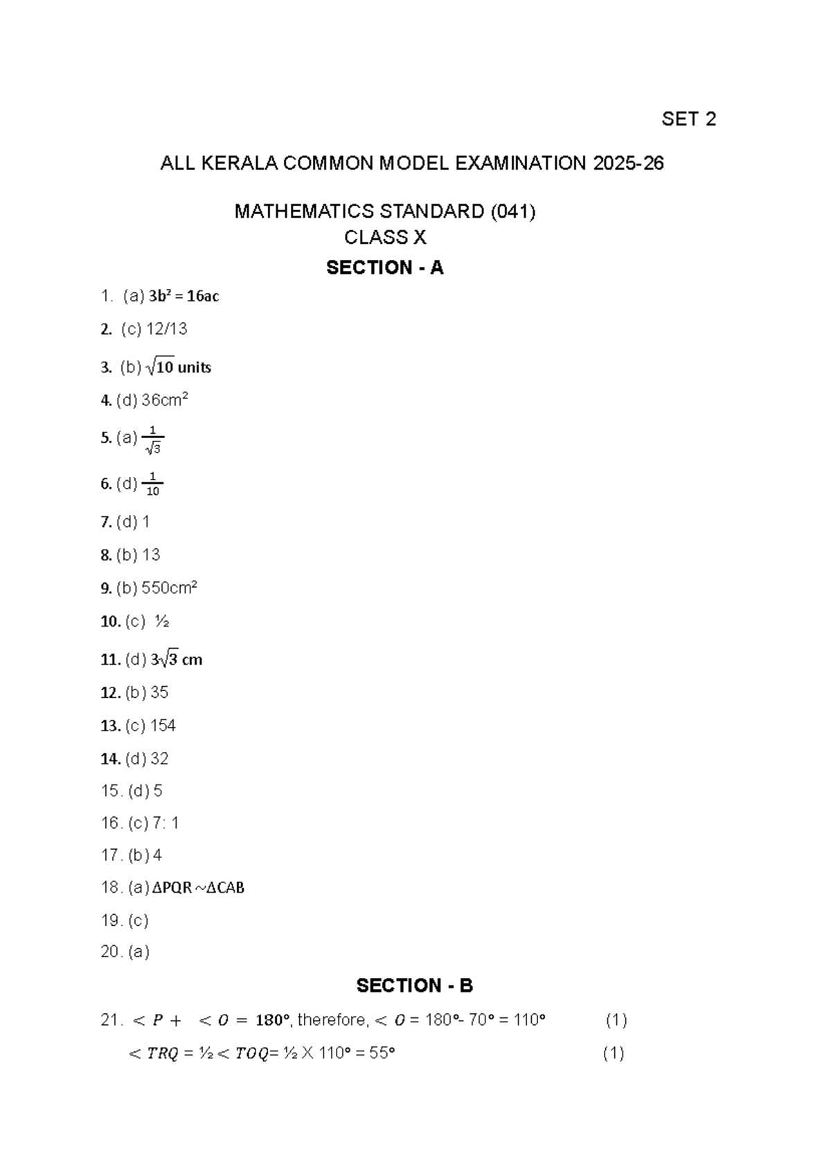 Mathematics Standard (041) Class X Model Exam Set 2 Answers - Studocu