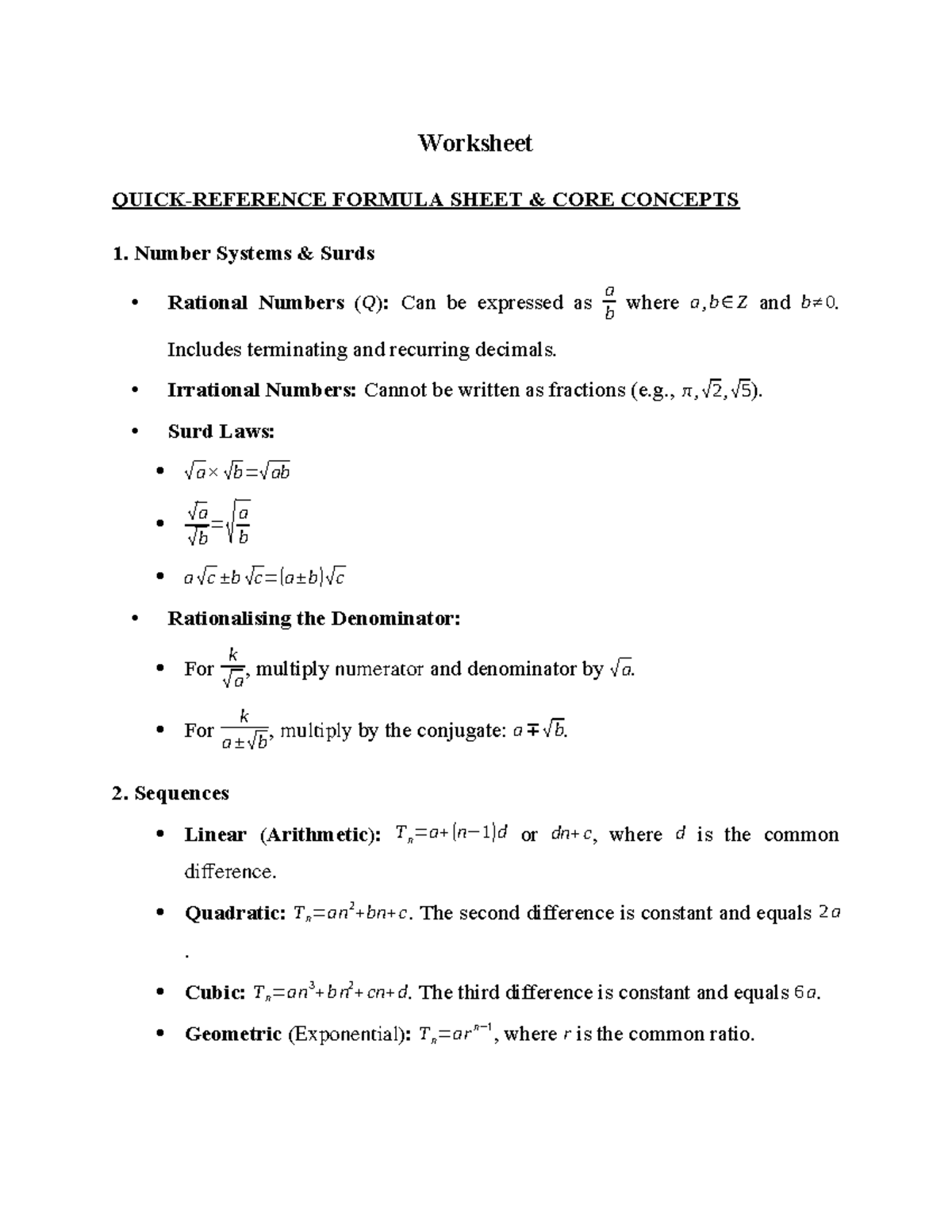 Worksheet 1: Core Concepts in Number Systems & Sequences - Studocu