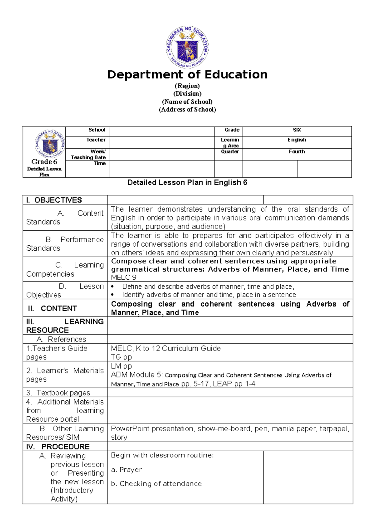 COT English 6 Q4 W4 - Lesson Plan on Adverbs of Manner, Time, Place ...