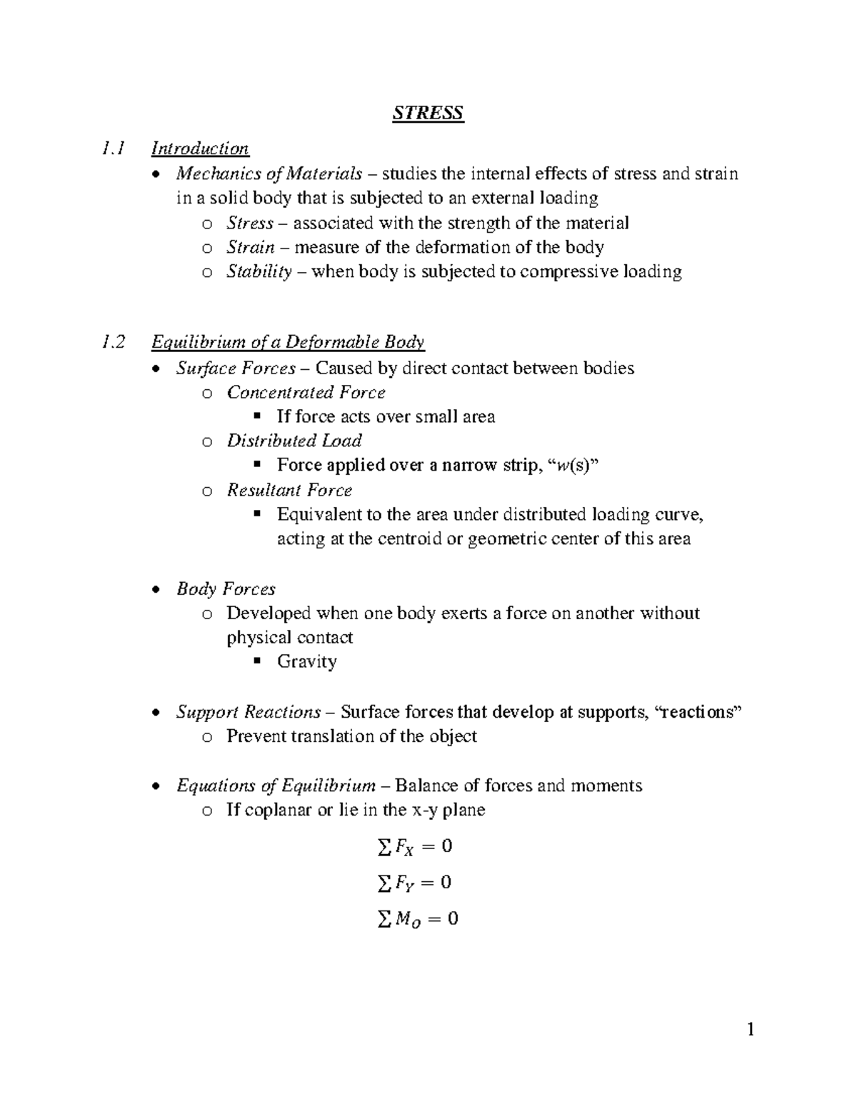 Mechanics of Materials: Lesson 1.1 - Stress and Equilibrium Notes - Studocu