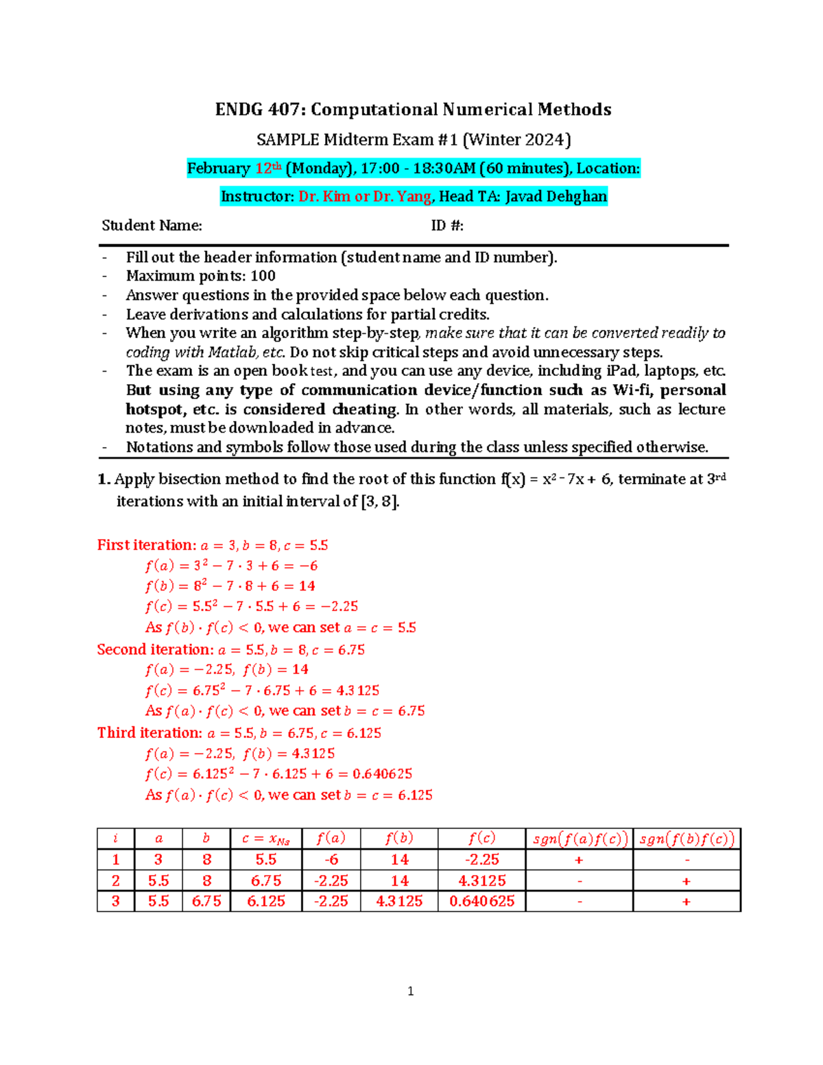 ENDG 407 Winter 2024 Midterm Exam #1 - Sample Questions and Details ...