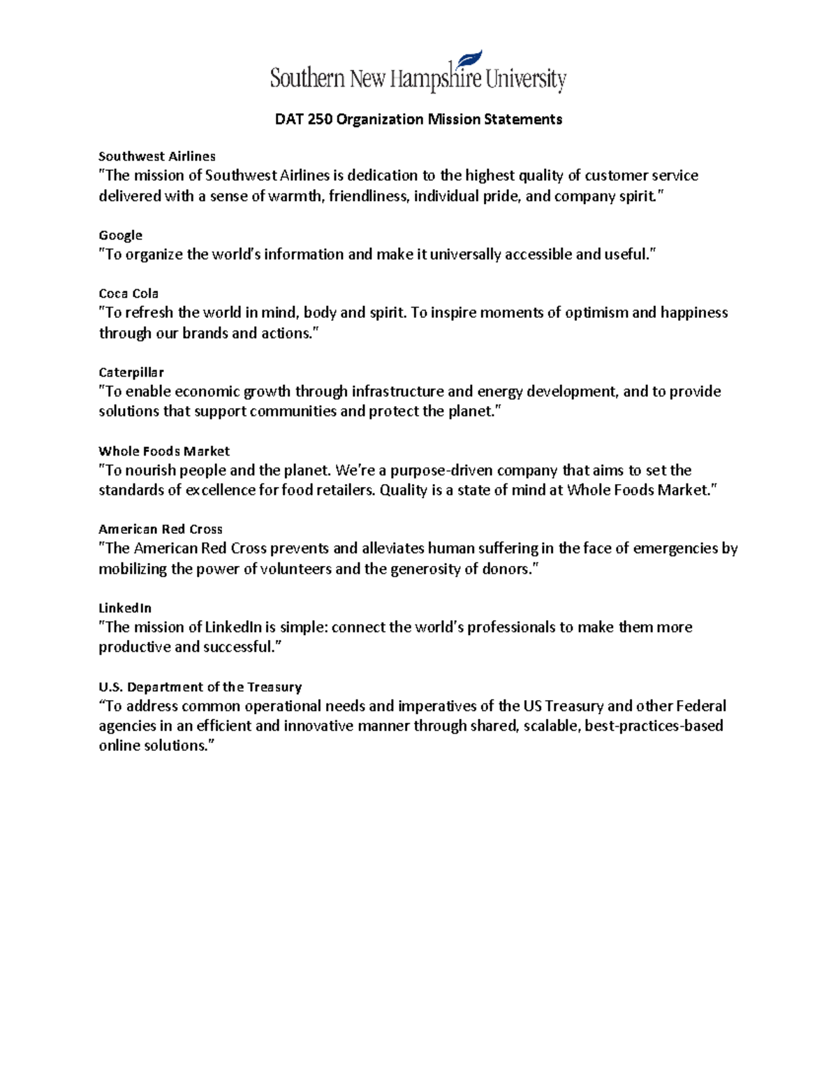 DAT 250 Organization Mission Statements - DAT 250 Organization Mission ...