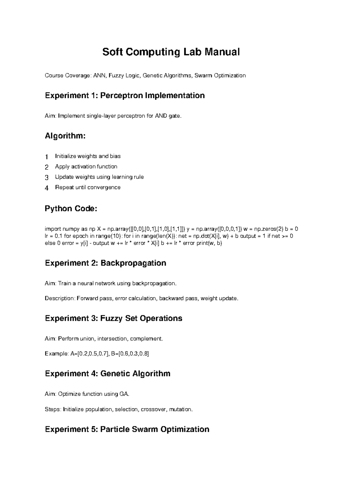 Soft Computing Lab Manual: ANN, Fuzzy Logic, GA, PSO - Studocu