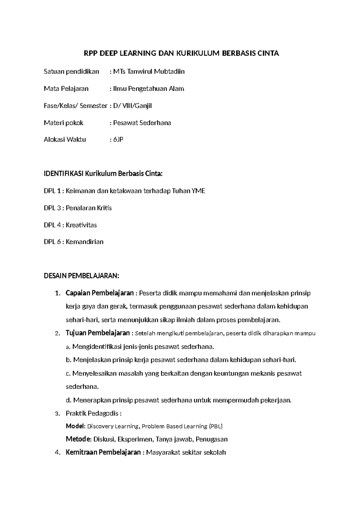 RPP IPA: Deep Learning & Kurikulum Berbasis Cinta - MTs Tanwirul ...