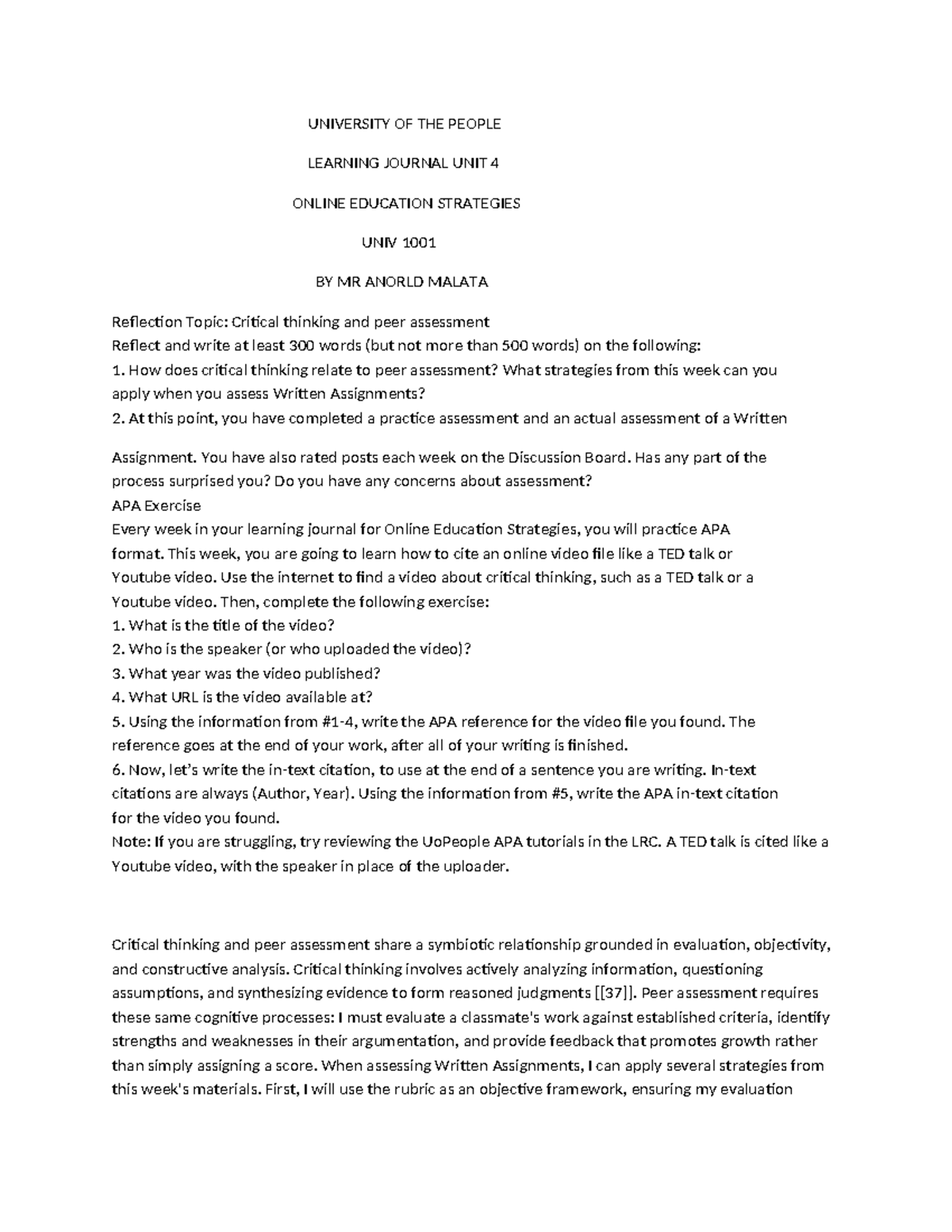 Critical Thinking & Peer Assessment Reflection Journal UNIV 1001 UNIT 4 ...