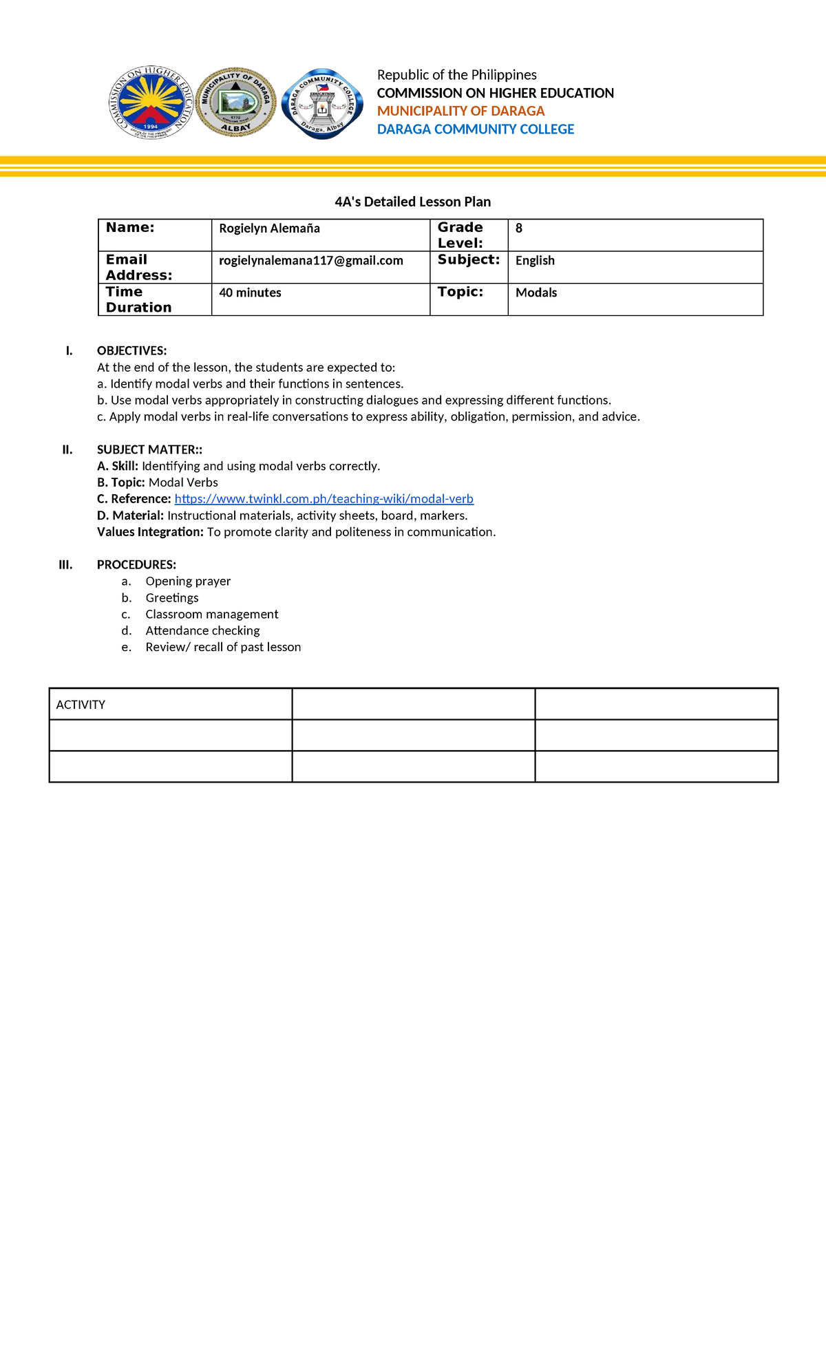 Detailed Lesson Plan on Modal Verbs for English IV - Studocu